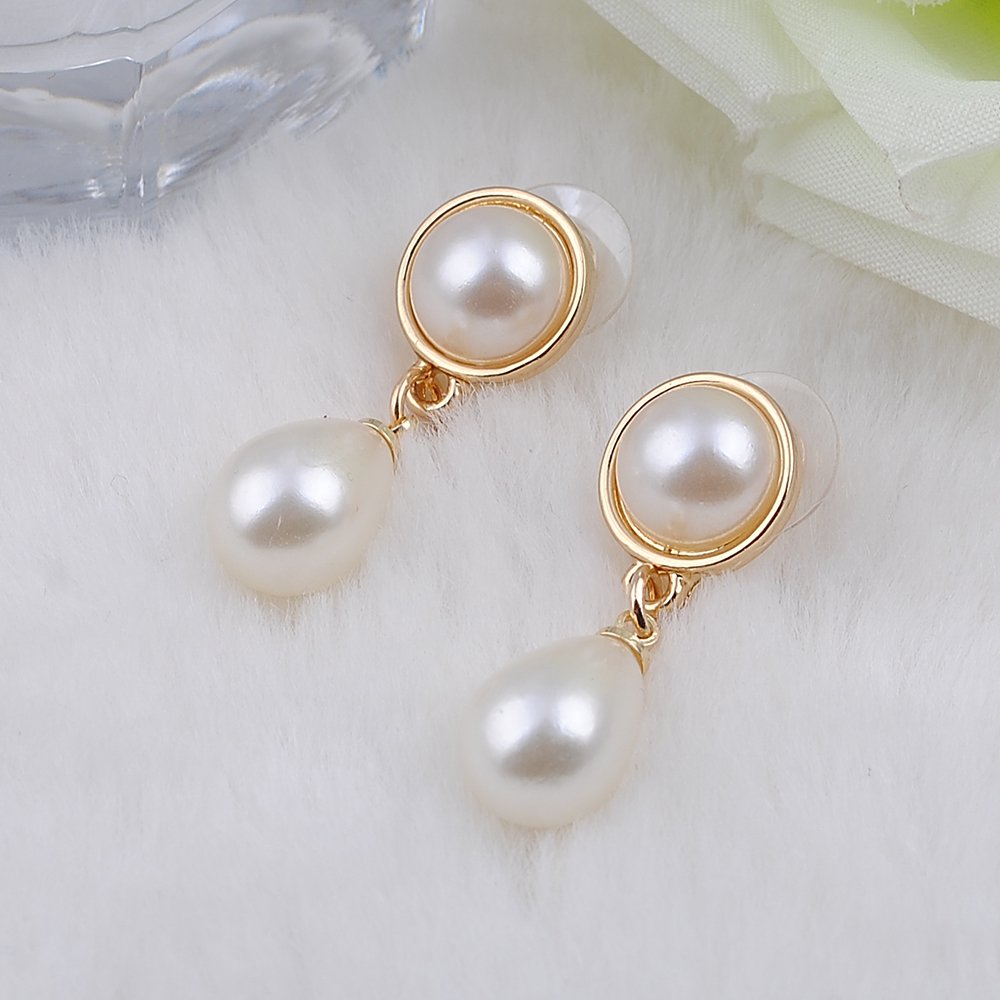 Elegant Gold Teardrop White Faux Pearl Drop Dangle Earrings for Women - Korean Style Party Jewelry - Perfect for Weddings, Date Nights & Special Occasions