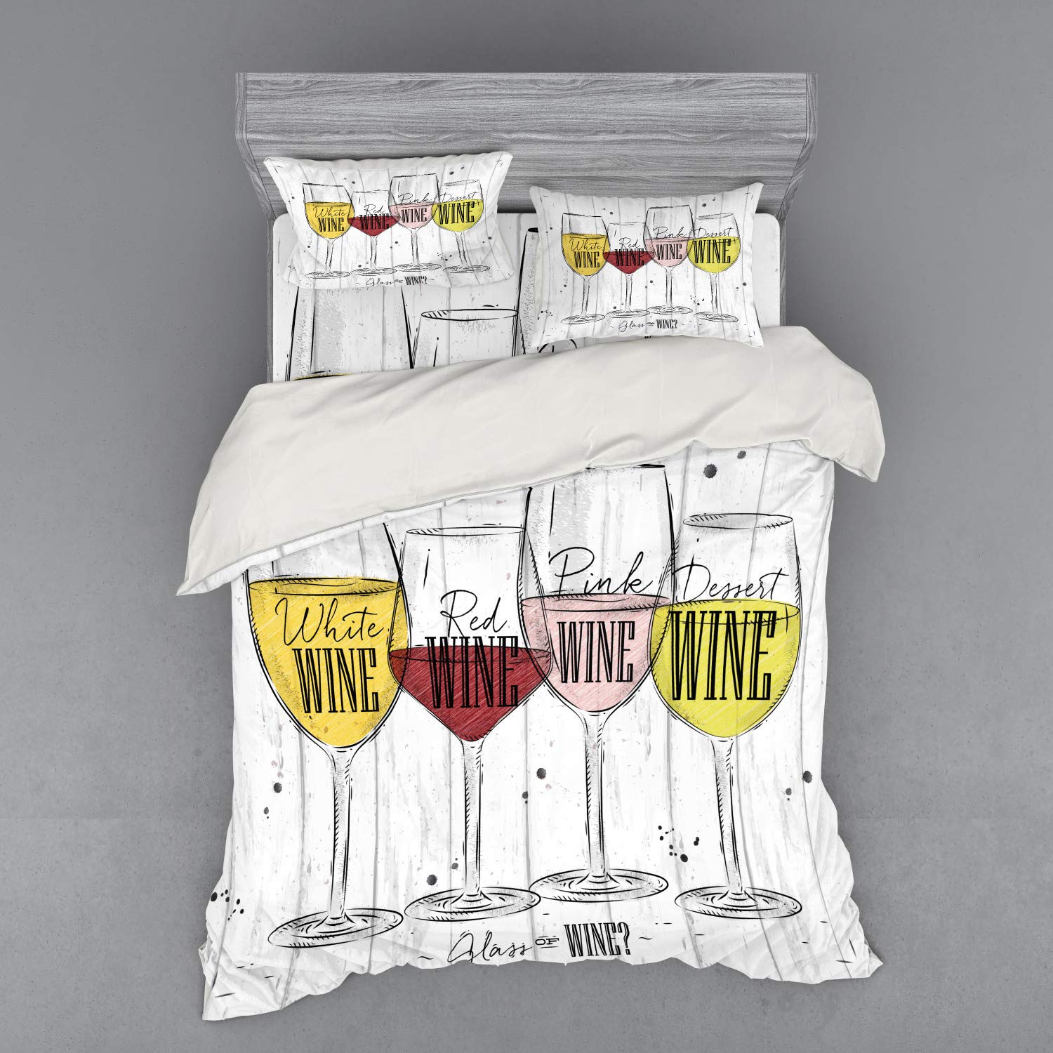 Ambesonne Wine Themed 4-Piece Queen Bedding Set - Duvet Cover with Shams & Fitted Sheet, Vintage Rustic Wine Glasses Design on Wood Backdrop, Multicolor | Perfect for Wine Lovers' Bedroom Decor & Gift Ideas