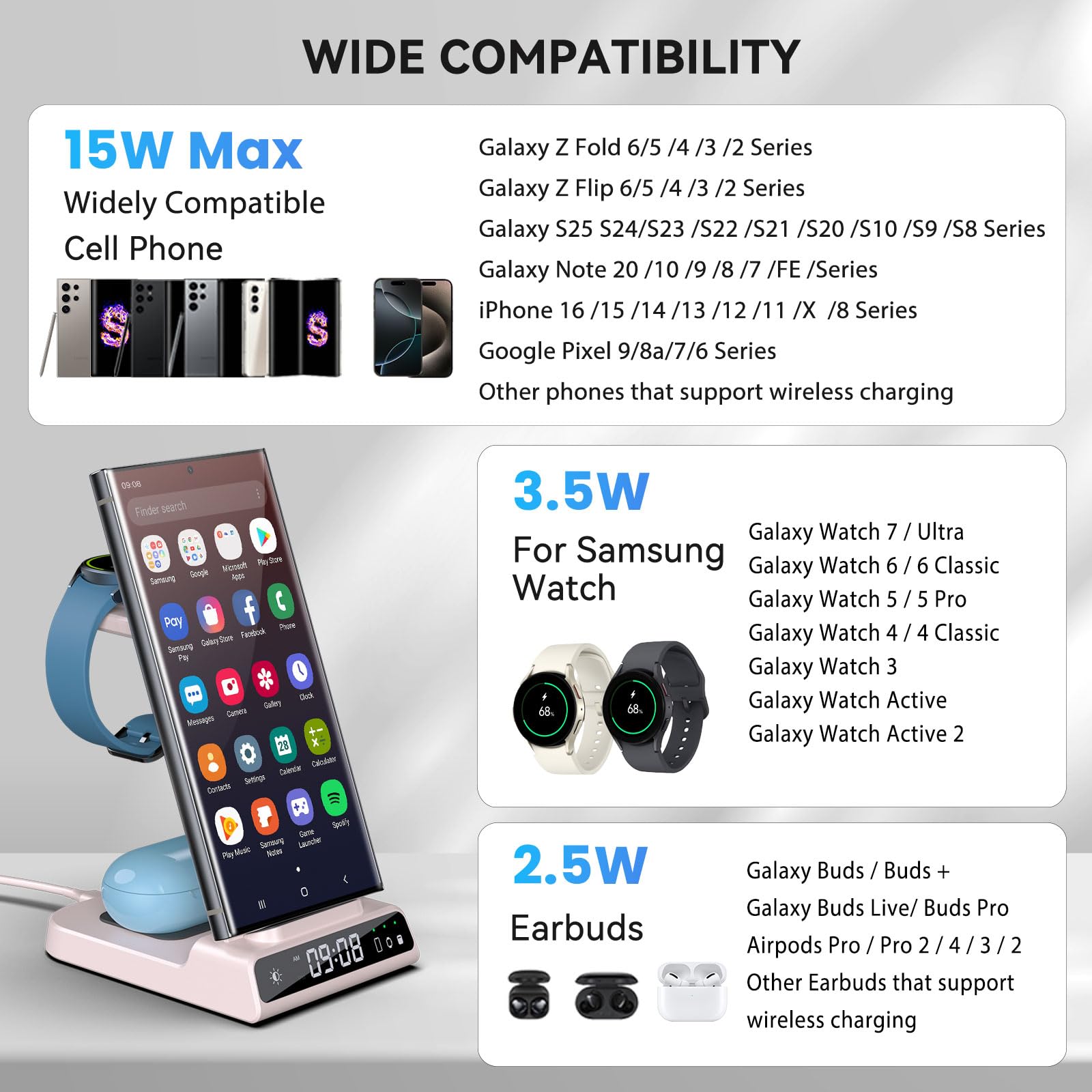 3-in-1 Wireless Charging Station with Digital Clock for Samsung Galaxy S25 Ultra/S24 Ultra/Z Flip 6/5/Fold 5/Buds 2 - Fast Charger for Galaxy Watch 7/6/5 Pro (Pink) | Perfect for Bedside, Office & Travel Use