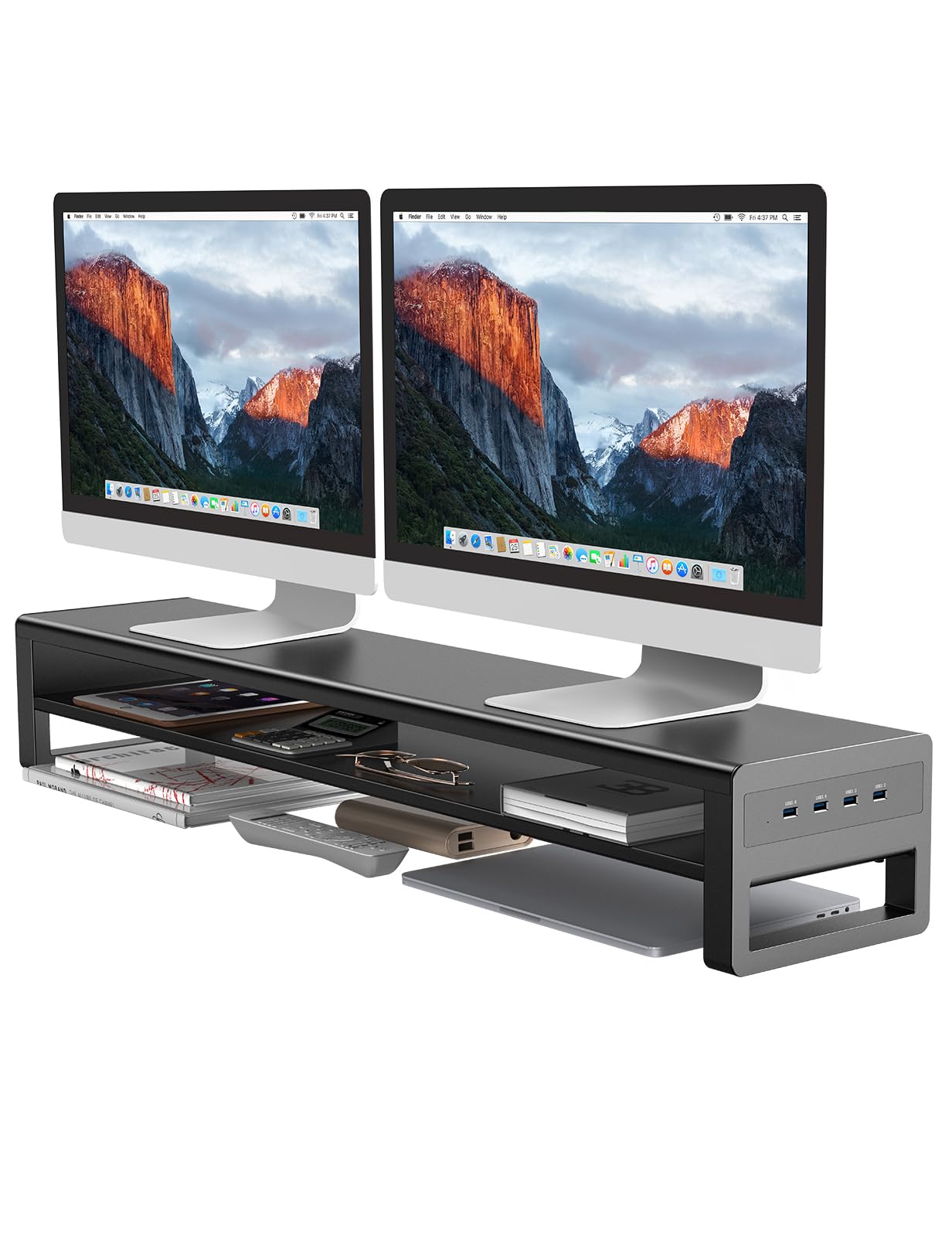 STARSIKI Monitor Stand with Multi-Port Charging Station | RGB LED Lights | Storage Drawers & Phone Holder | Fast USB-C & USB-A Charging | Ergonomic Desk Organizer for Home Office, Gaming & Work Setup