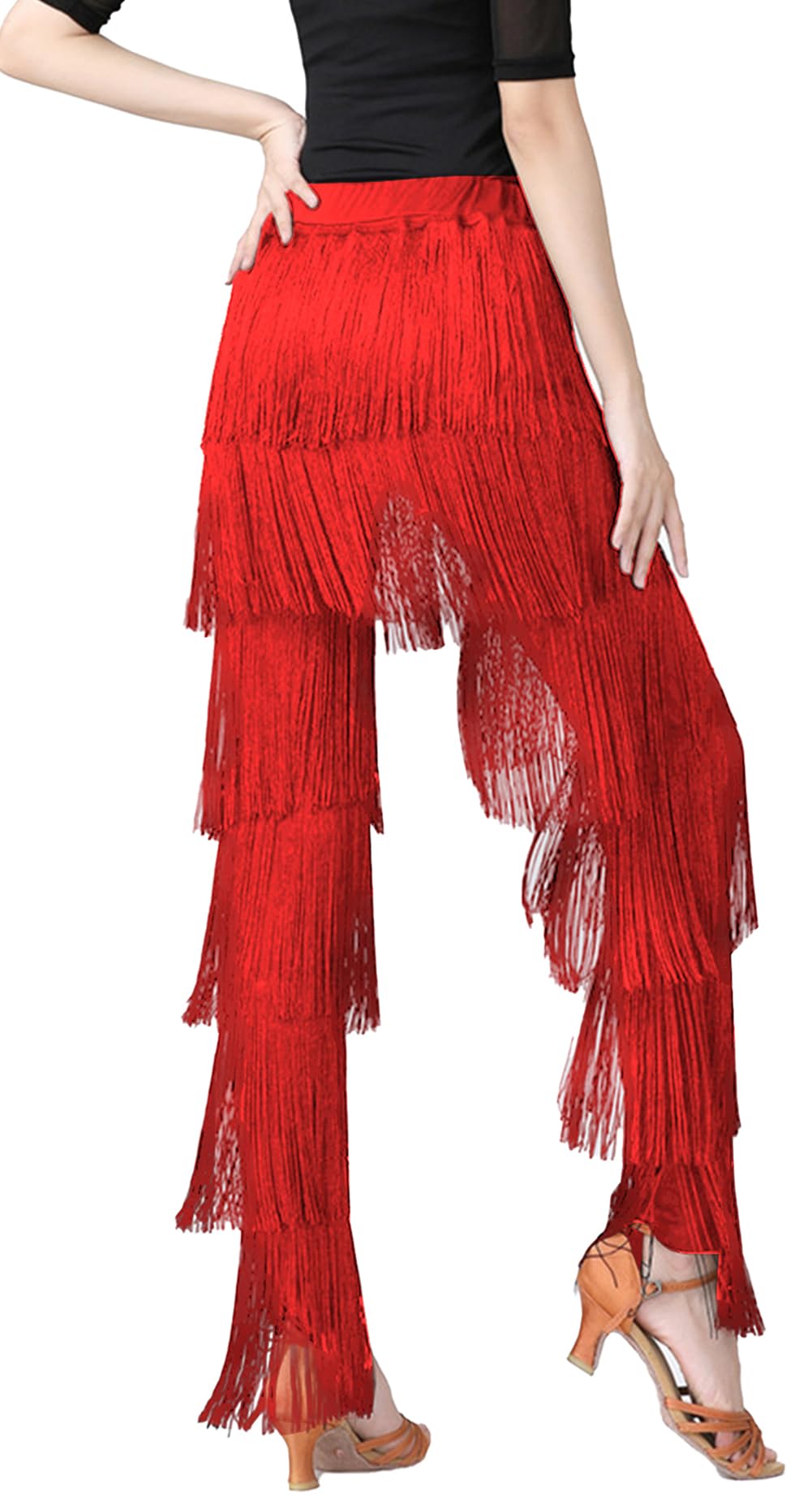 FEOYA Women's Latin Dance Pants with Fringe Tassels - Ballroom, Rumba, Tango, Salsa Practice Pants - Perfect for Dance Performances, Competitions & Studio Training