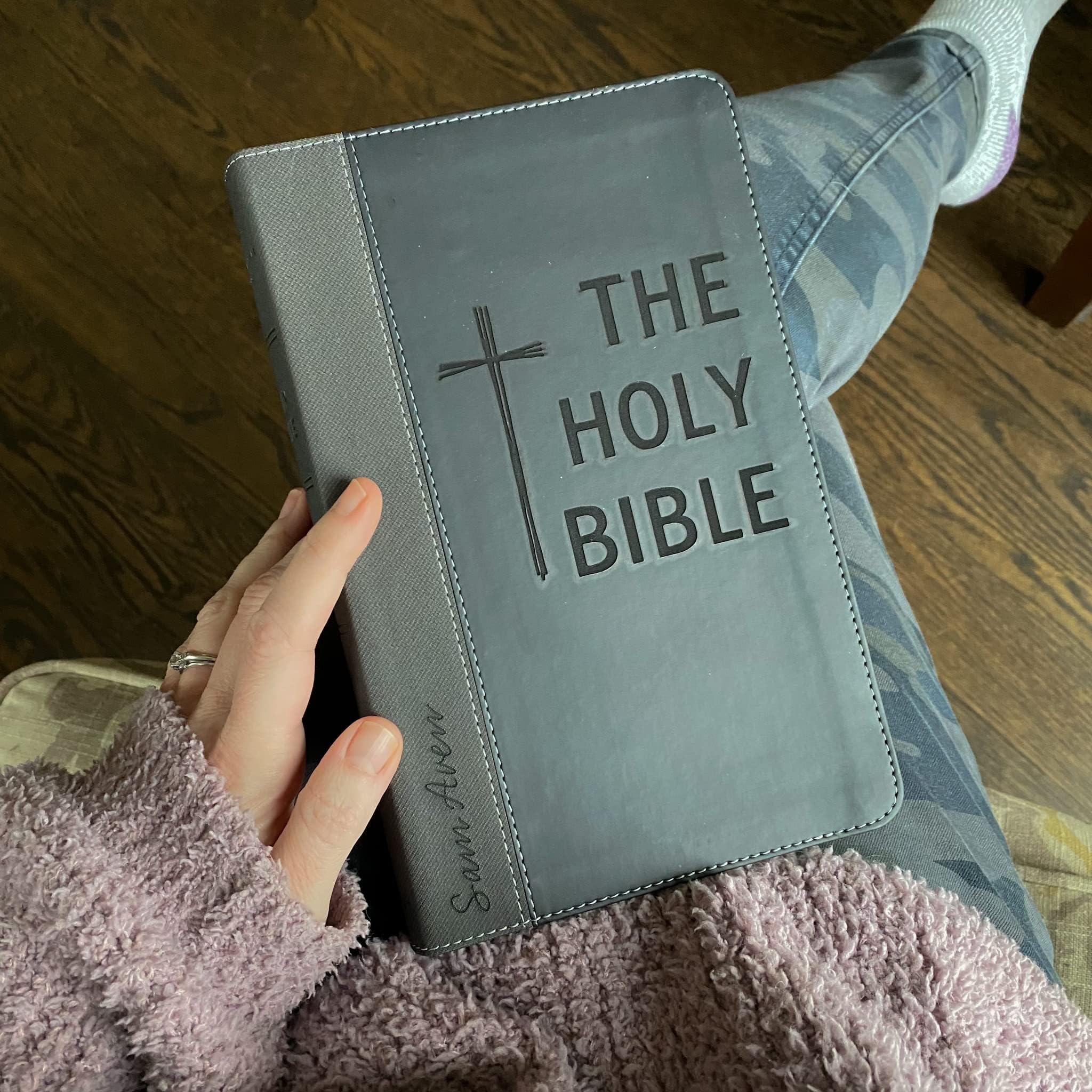 Personalized NIV Black/Gray Leathersoft Bible with Hand Lettering & Laser Engraving - Custom Name Engraving Available - Perfect Wedding, Baptism, Graduation & Birthday Gift - Ideal for Church Services, Bible Study & Spiritual Growth