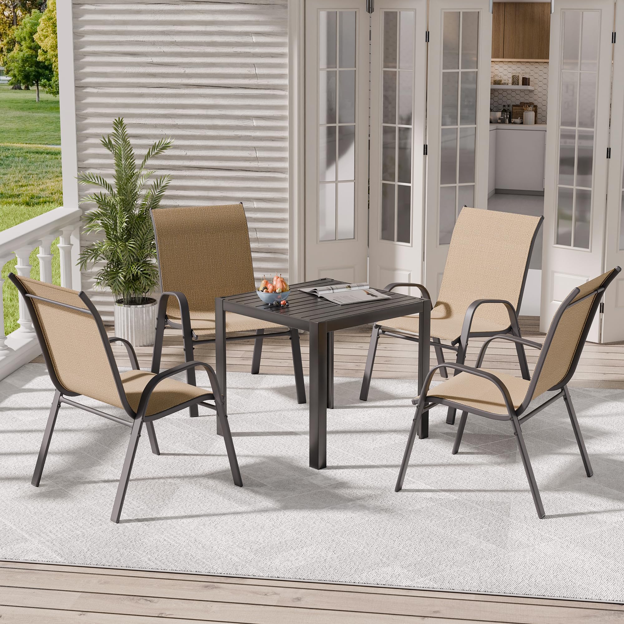 4-Piece Patio Chairs Set - Stackable All-Weather Outdoor Dining Chairs - Durable & Breathable Metal Modern Furniture for Backyard, Deck, Garden (Brown) - Perfect for Outdoor Entertaining & Relaxation