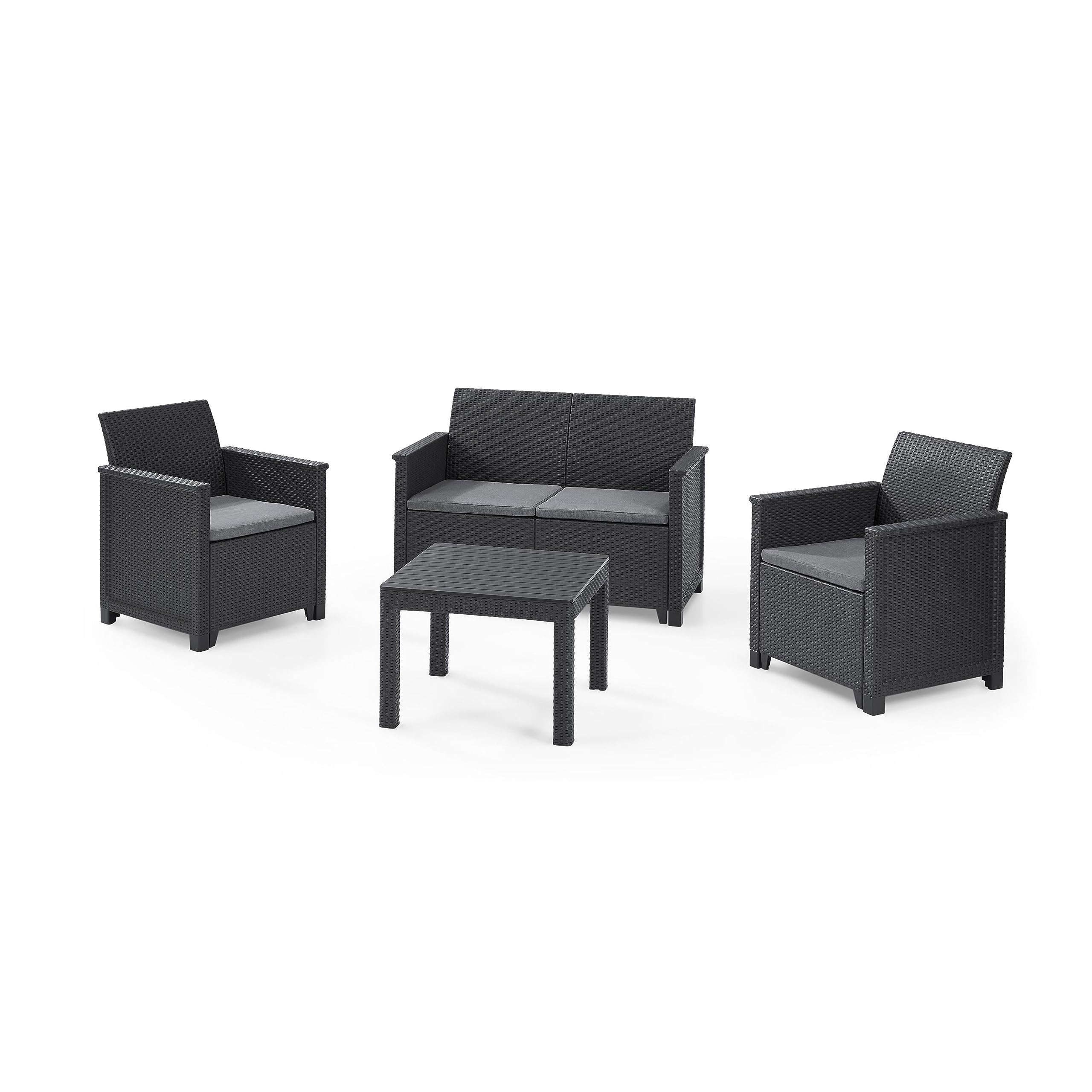 Keter Emma 4-Piece Outdoor Patio Garden Set with Table and Cushions - Rattan-Look Resin Furniture in Graphite Color for Backyard, Terrace, or Poolside Relaxation