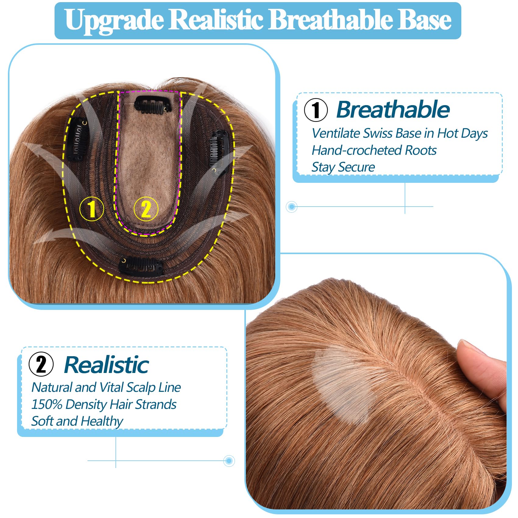 Premium 14 Inch Human Hair Toppers for Women - 150% Density Remy Hair Extensions with Silk Base, No Bangs Clip-In Hair Pieces for Thinning Hair (#06) | Perfect for Daily Wear, Special Occasions & Hair Volume Enhancement