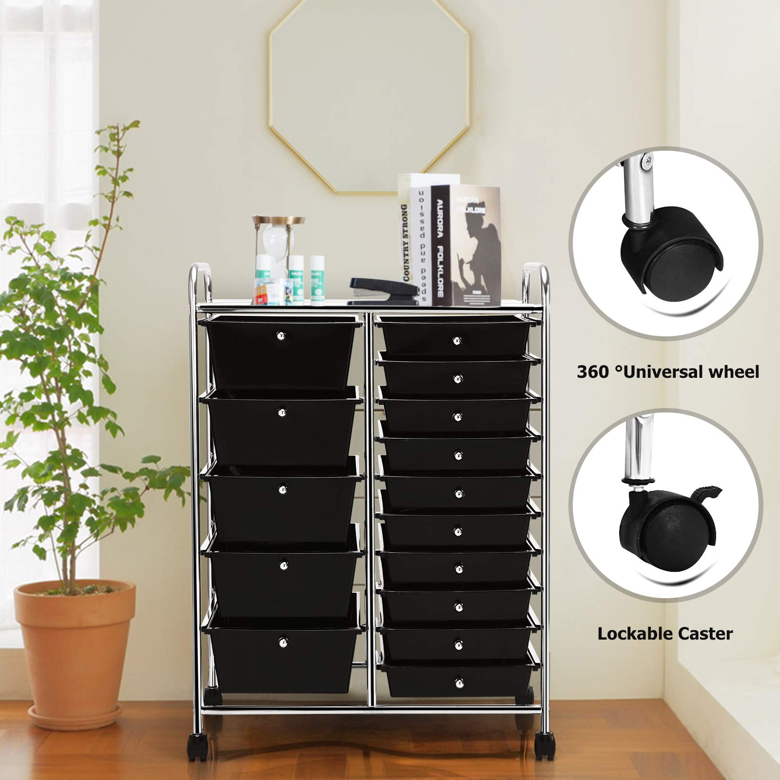 Byroce 15-Drawer Rolling Storage Cart - Mobile Organizer for Art Supplies, School Tools & Office Paper - Multipurpose Wheeled Craft Cart for Classroom, Home & Office (Black) | Perfect for Teachers, Artists & Home Organization
