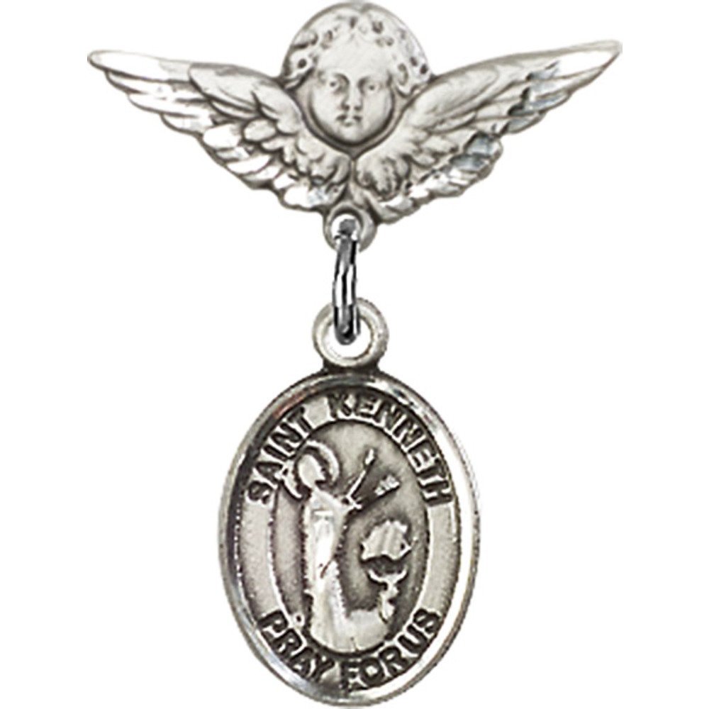 Sterling Silver Baby Badge with St. Kenneth Charm & Angel Wing Pin - 7/8