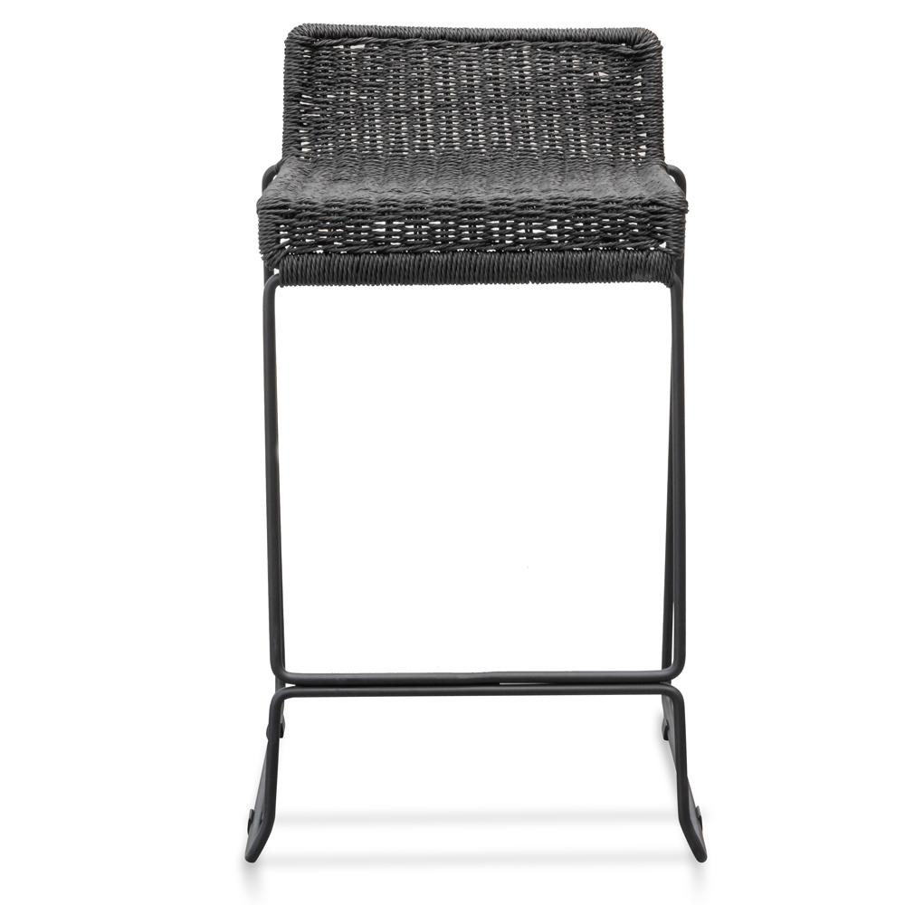 65cm Black Rattan Bar Stool with Cord Seat - Modern Kitchen Island & Breakfast Nook Stool for Home, Cafe, and Restaurant Decor