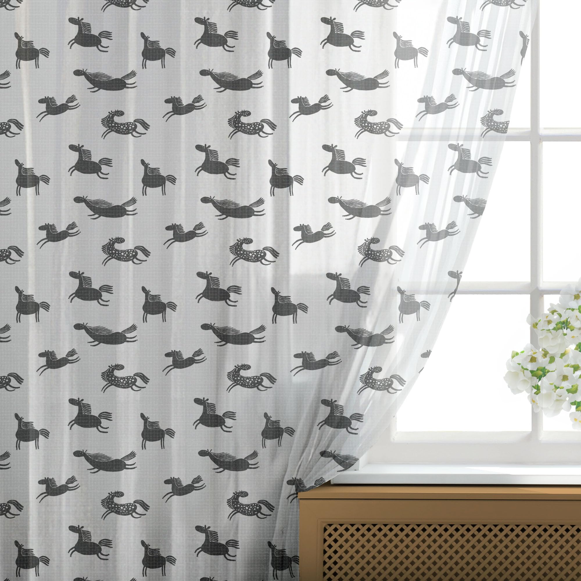 Ambesonne Black & White Horse Pattern Tulle Curtains - 108