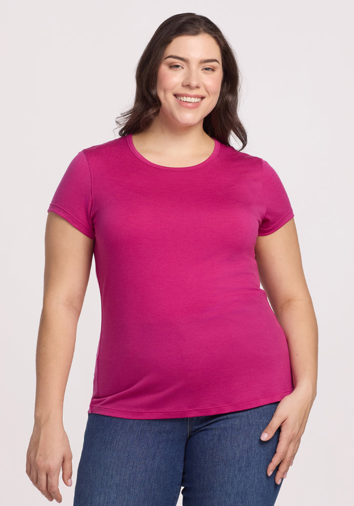 Addie Short Sleeve Crew Neck T-Shirt for Women - Soft Cotton Casual Top in Berry Punch Color - Perfect for Everyday Wear, Outings & Layering