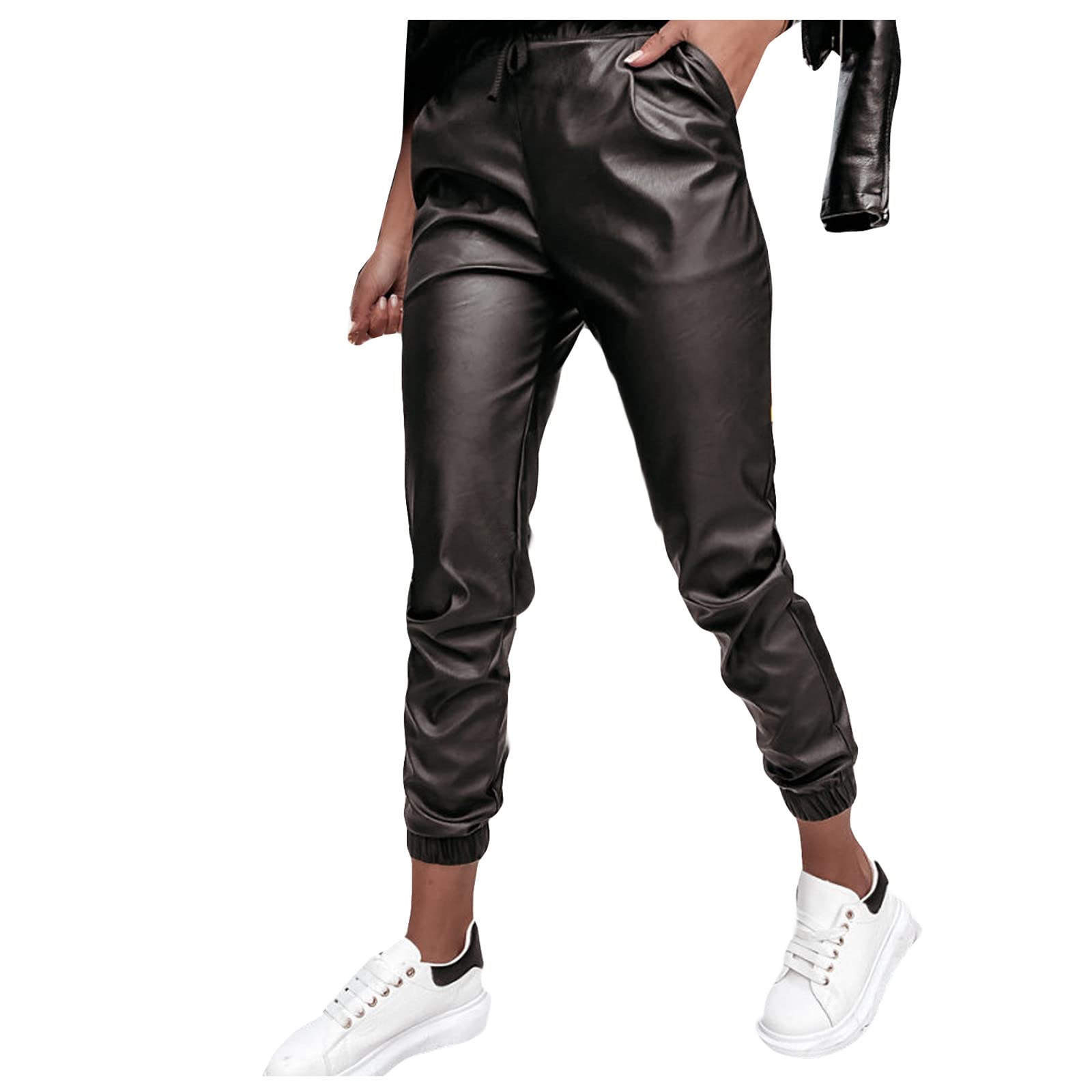 QWKLEAJ Women's Leather Pants High Waist Stretch with Pockets - Casual & Office Wear