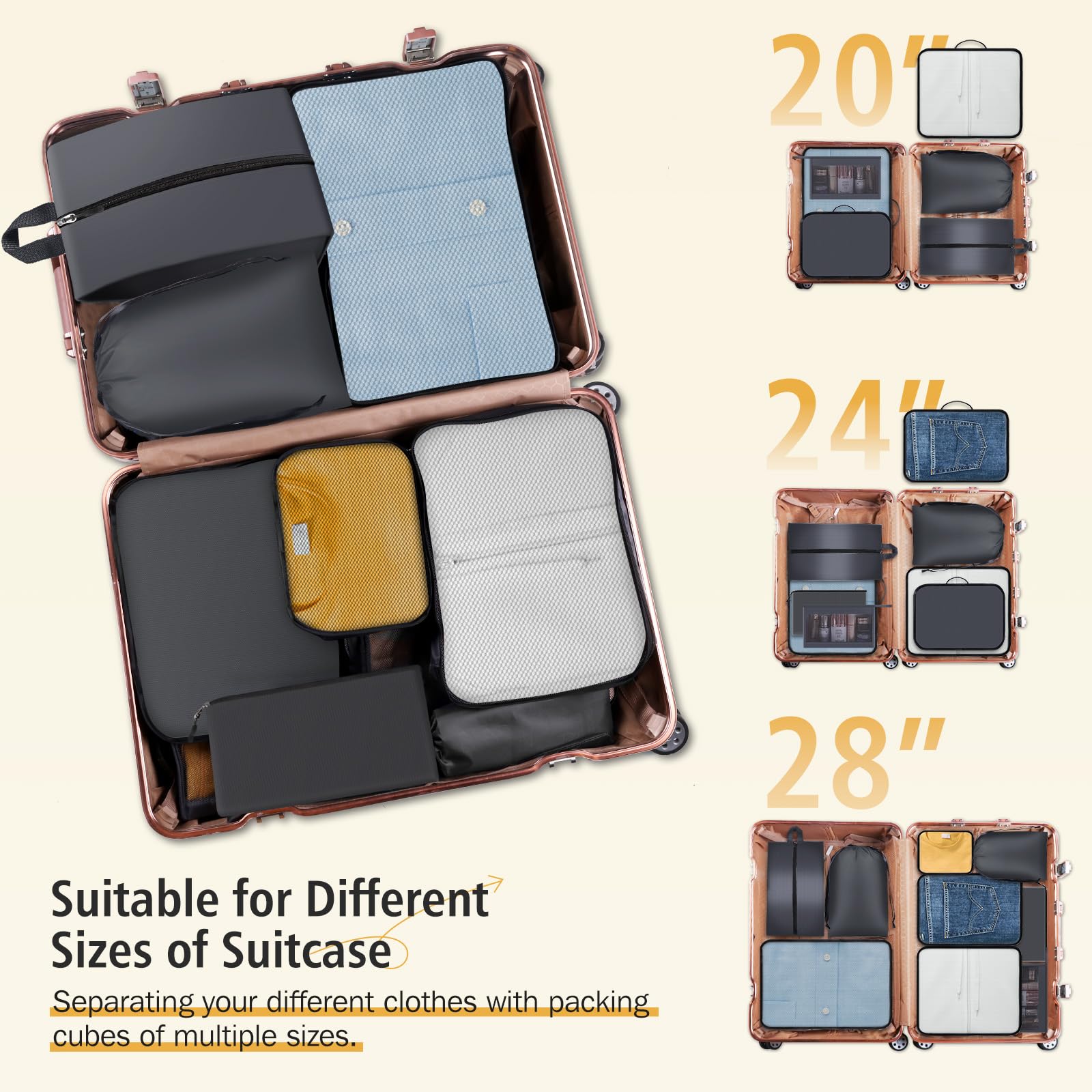 8-Piece Packing Cubes Set for Suitcase & Luggage - Travel Organizers with 4 Sizes (XL, L, M, S) + Toiletry, Laundry & Shoe Bags - Perfect for Business Trips, Vacations & Weekend Getaways (Grey)