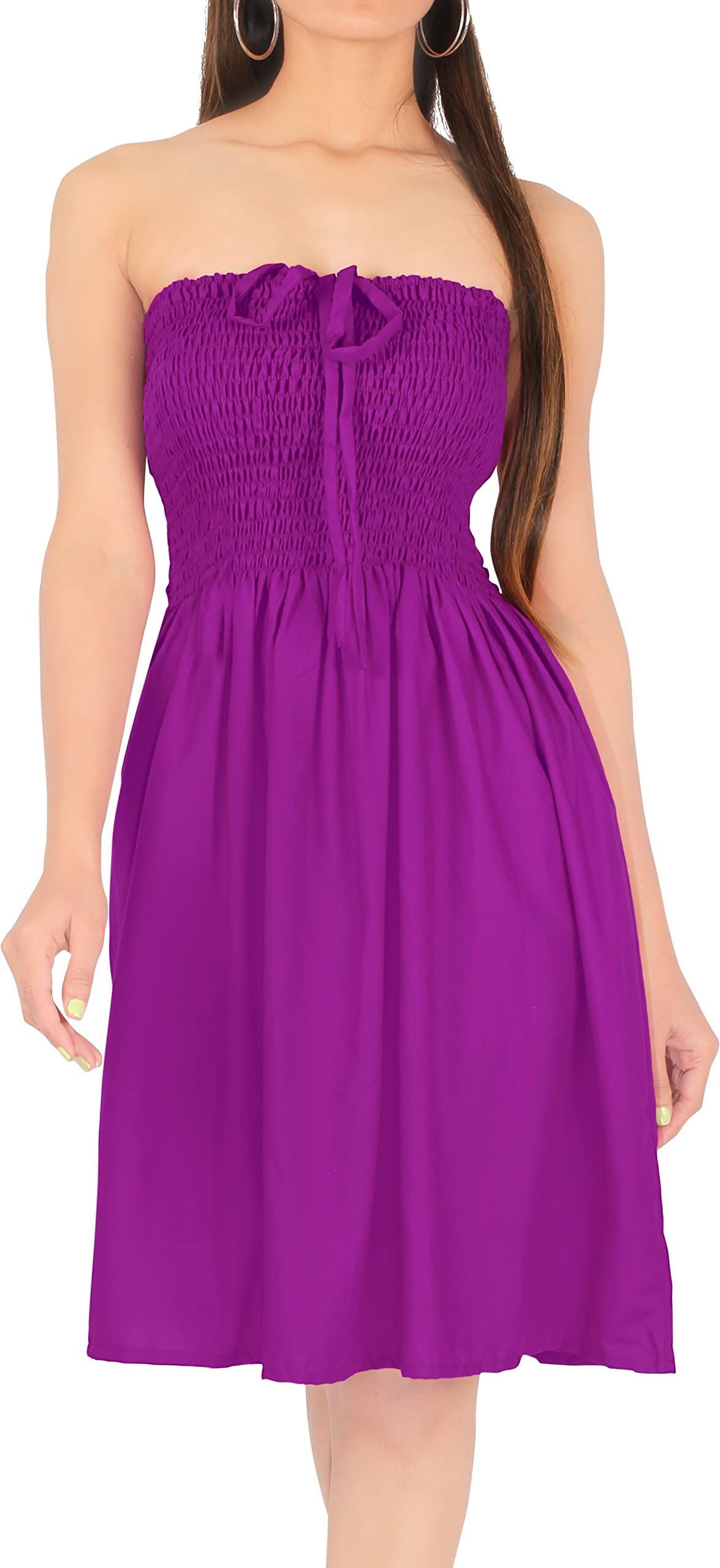 LA LEELA Women's Casual Smocked Mini Flowy Dress - Strapless Tube Top Summer Dress for Beach, Party & Vacation | Flowy A-Line Sundress for Women