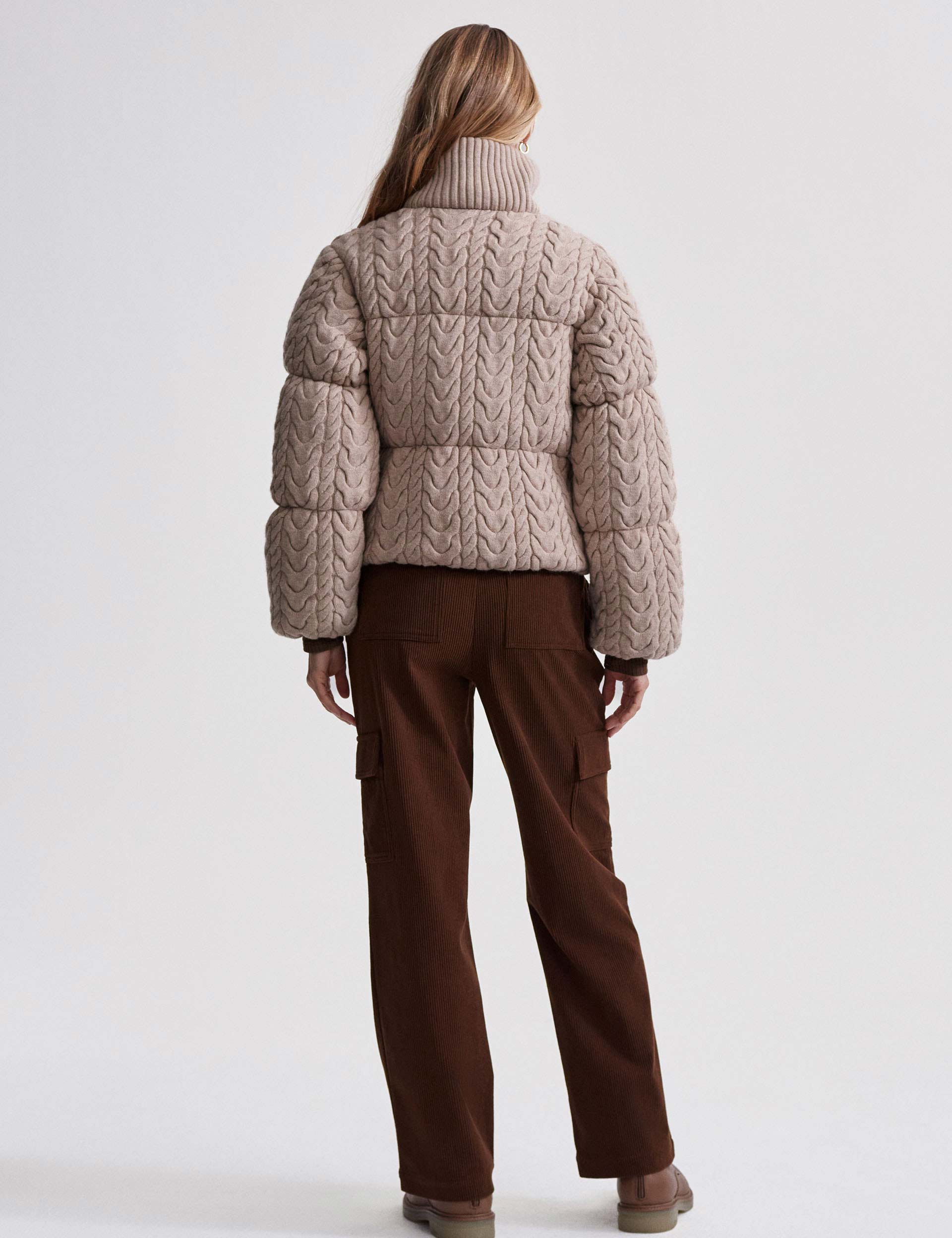 Reggie Cable Knit Puffer Jacket - Light Taupe Winter Coat for Women | Warm & Stylish Outerwear for Cold Weather, Outdoor Activities & Casual Wear