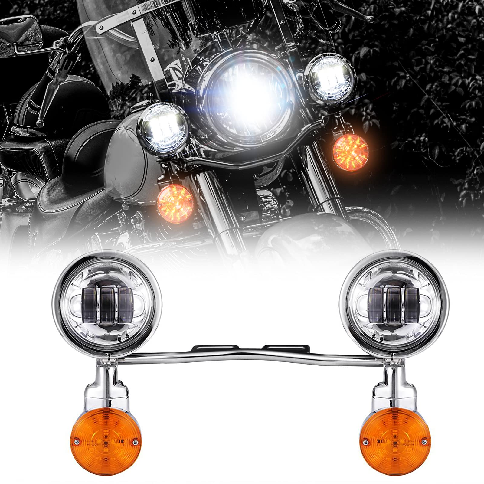 Harley Honda Suzuki Kawasaki Yamaha Motorcycle LED Passing Light Bar with Turn Signals & Fog Lights - Chrome Steel for Enhanced Visibility & Safety in Night Riding & Bad Weather