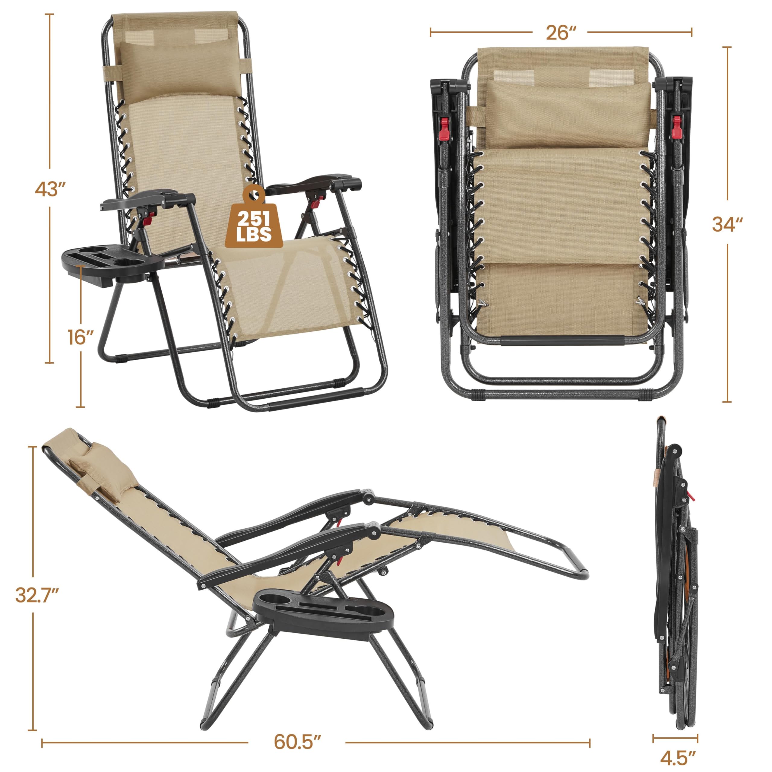 Yaheetech Zero Gravity Recliner Chairs Outdoor - Adjustable Folding Lounge Chairs with Pillows, Cup Holders & Carry Strap - Patio, Backyard, Beach, Poolside Relaxation - Beige Set of 2