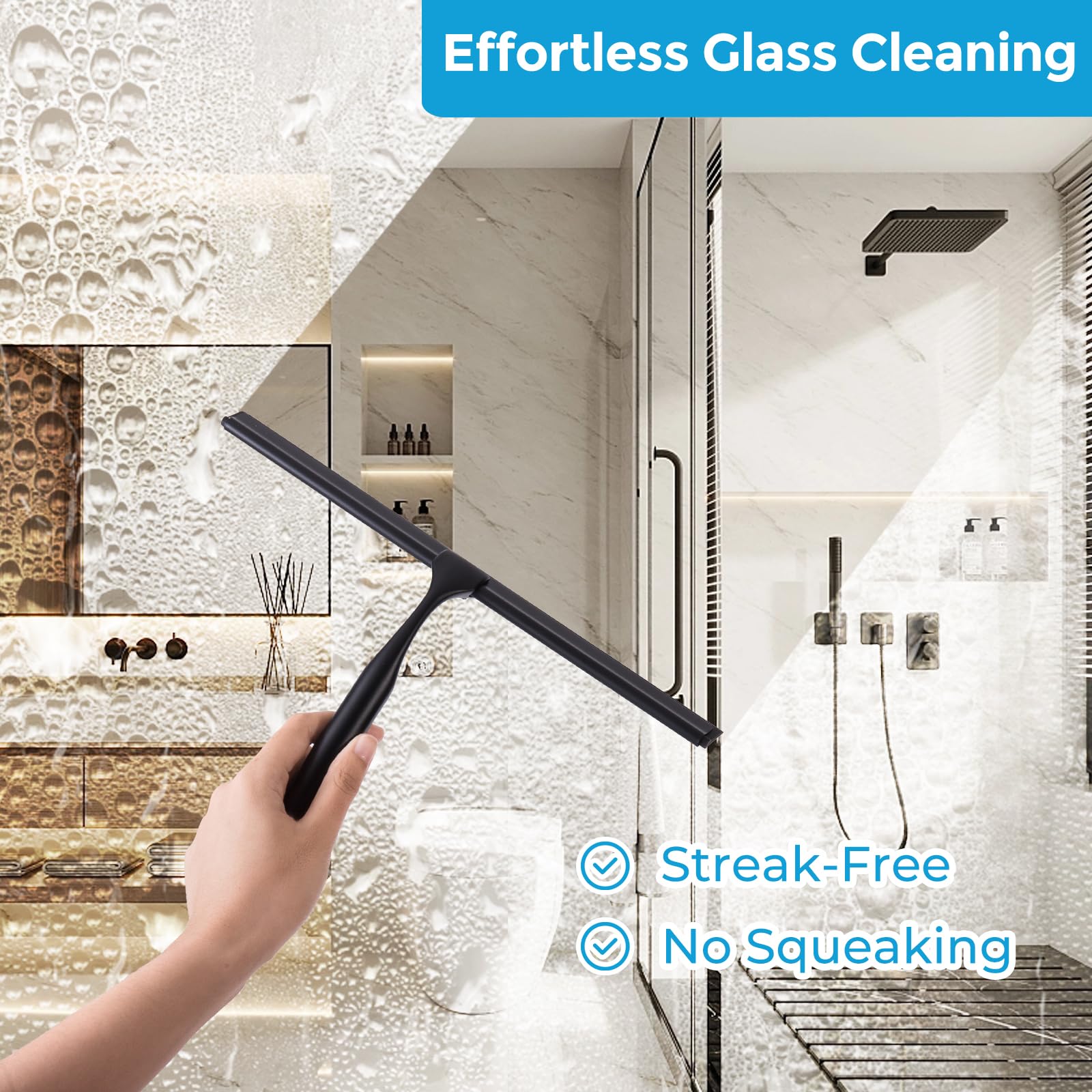 GlobaLink 10-Inch Stainless Steel Shower Squeegee with Hanging Suction Hook - All-Purpose Bathroom & Window Wiper with Replaceable Silicone Blade - Perfect for Shower Doors, Mirrors & Glass Cleaning - Black