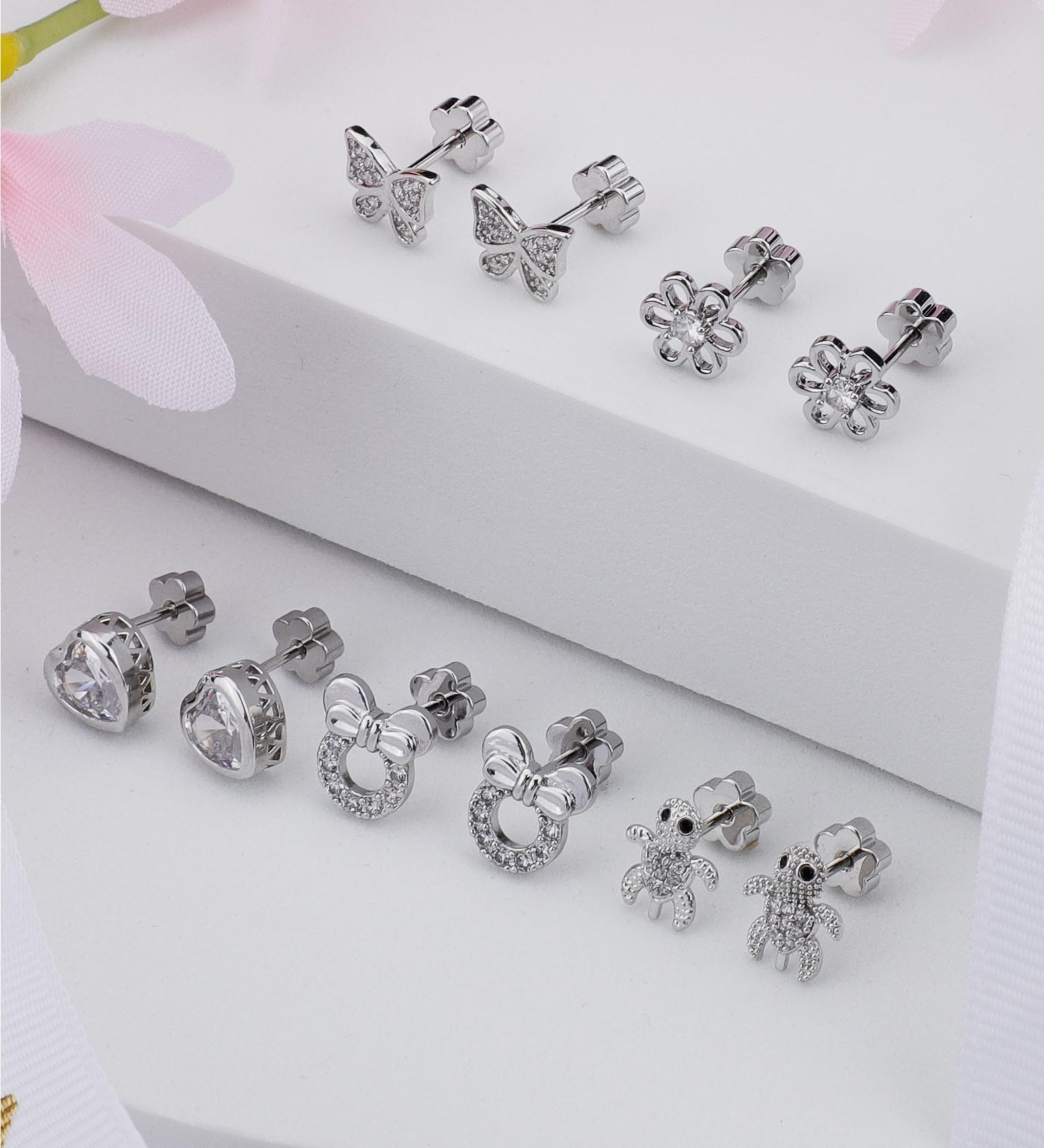 5 Pairs Hypoallergenic Flat Back Earrings for Women - Surgical Steel CZ Heart Flower Stud Earrings with Screw Backs (20G) | Sensitive Ears Friendly | Perfect for Sleeping, Work & Everyday Wear
