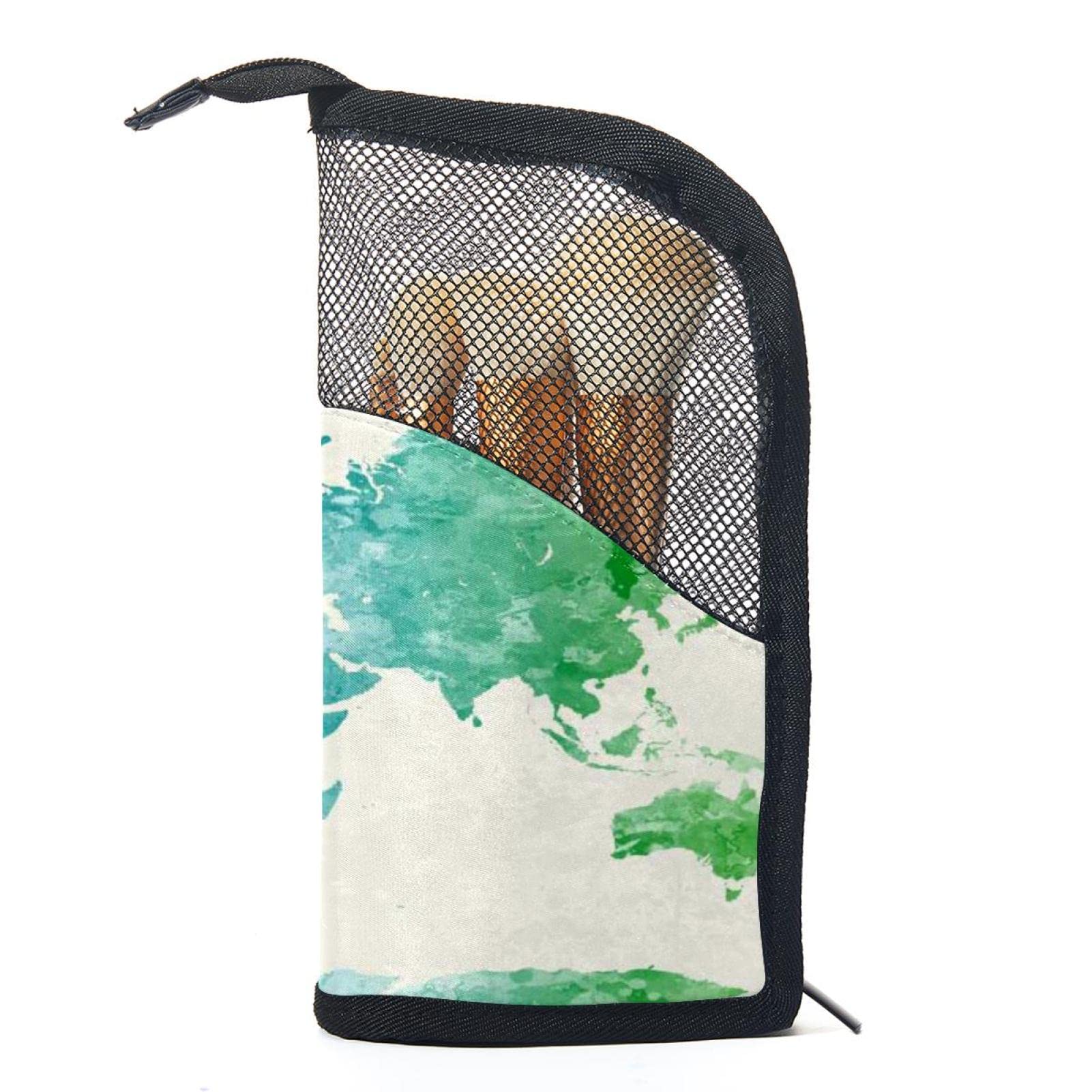 Watercolor World Map Makeup Brush Organizer Bag with 12 Brushes - Portable Cosmetic Brush Holder Case for Travel, Home Vanity & Professional Makeup Artists
