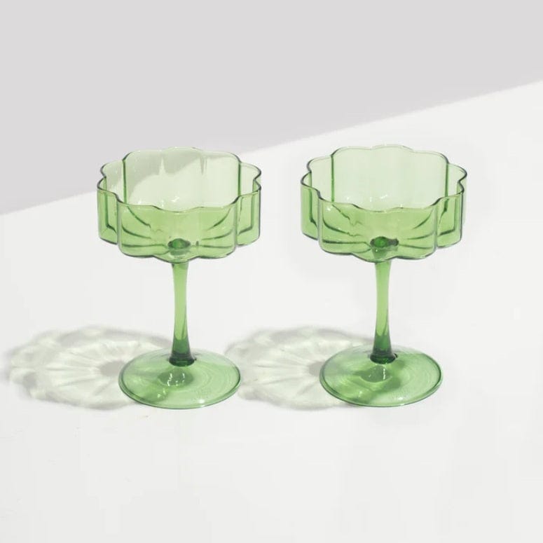 Premium Green Two Wave Coupe Glasses - Elegant Cocktail & Champagne Glasses for Parties, Weddings & Home Bar Decor