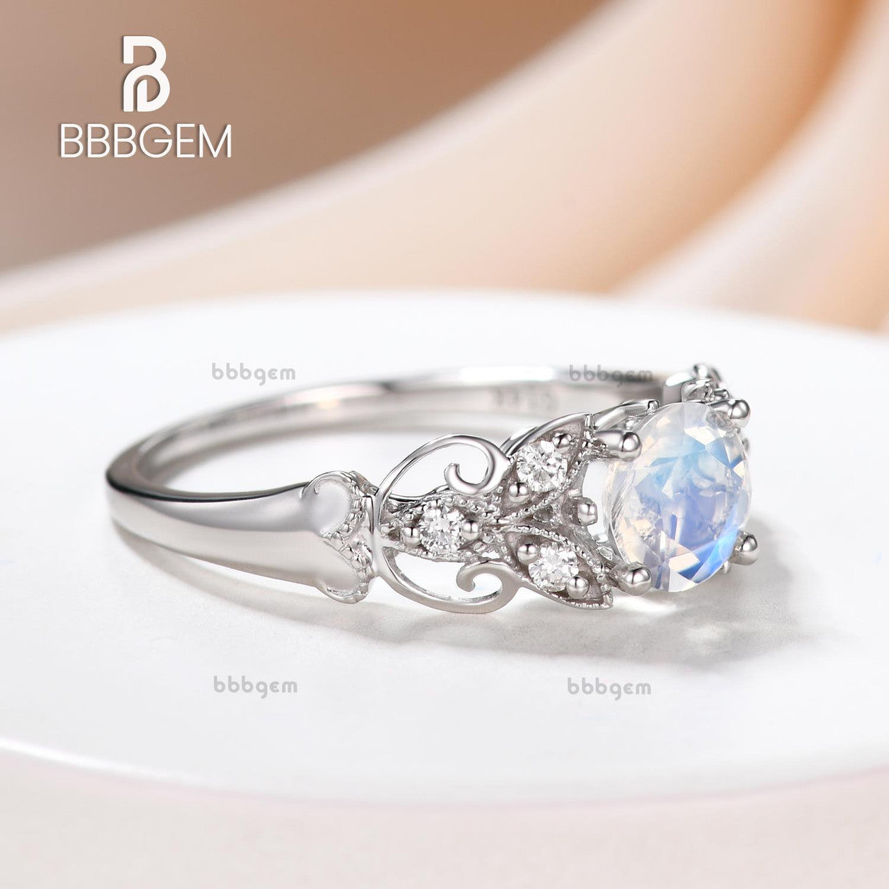 Moonstone Engagement Ring for Women - 14K White Gold Floral Eternity Band with Diamonds | Wedding, Anniversary, Promise Ring Gift Idea | Perfect for Proposals, Bridal Jewelry & Special Occasions