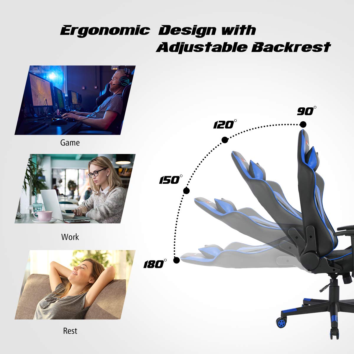 Goplus Ergonomic Massage Gaming Chair - Reclining High Back Office Chair with Adjustable Headrest, Lumbar Support & PU Leather - Perfect for PC Gaming, Work & Home Office Relaxation