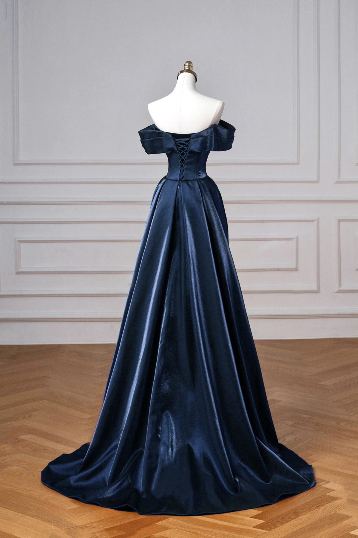 Elegant Navy Satin Long Prom Dress - Off the Shoulder Formal Gown for Homecoming, Evening Party & Special Occasions | Style J6729