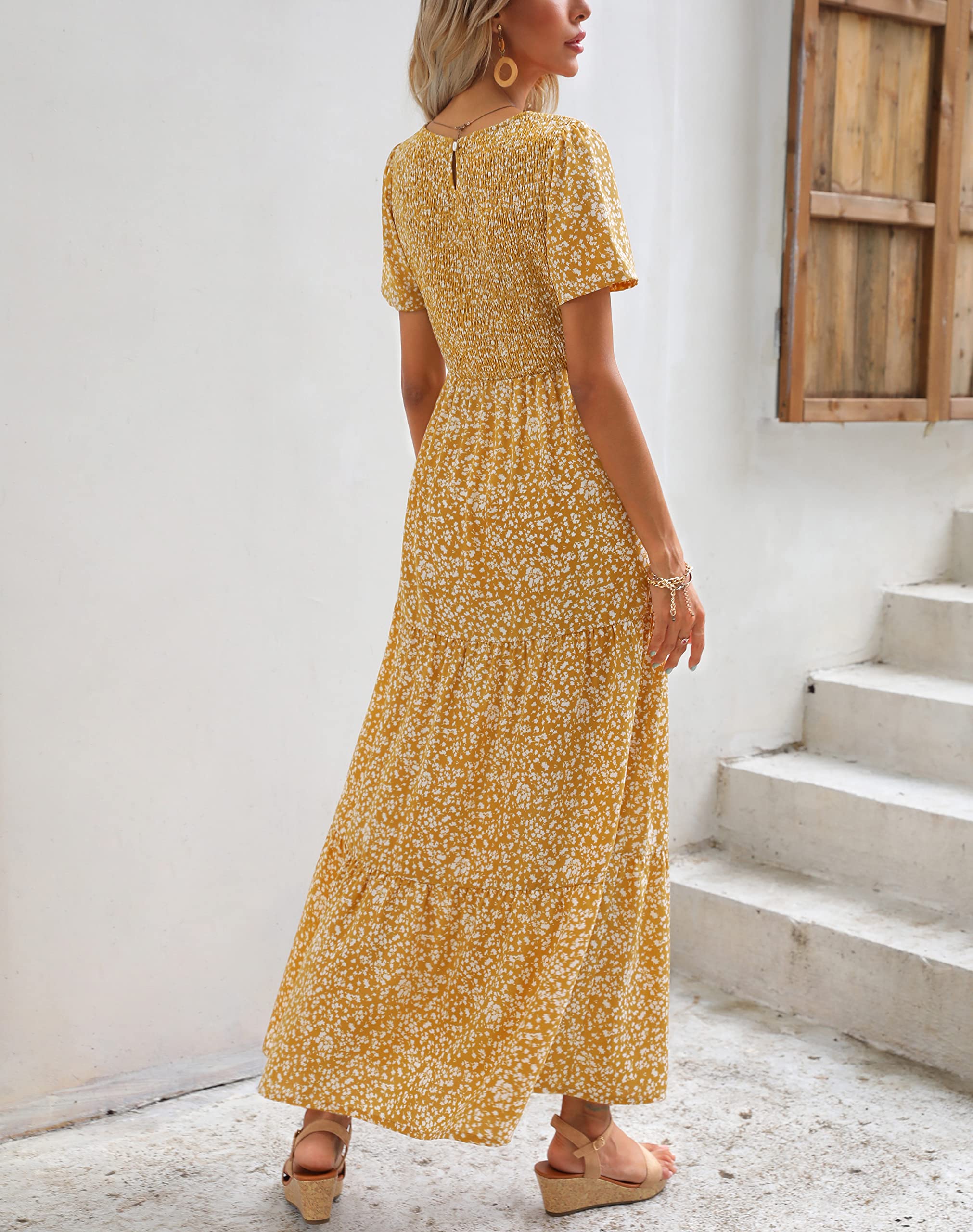 Maggeer Women's 2025 Spring Summer Floral Boho Maxi Dress - Smocked Waist, Short Sleeve, Flowy Wedding Guest Dress for Beach Parties & Casual Outings