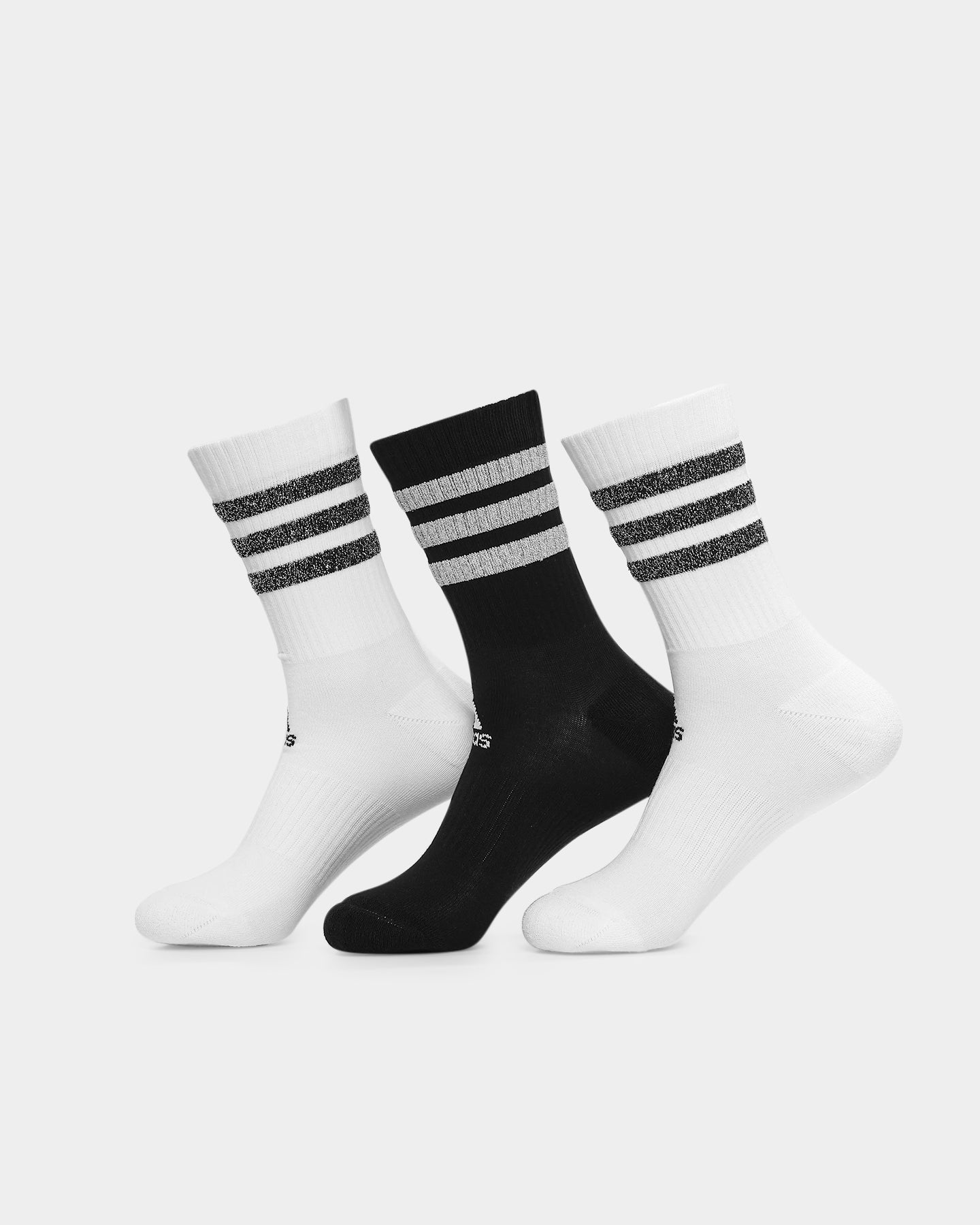 Adidas Glam 3 Stripes Cushioned Crew Sport Socks 3 Pairs Black/White - Comfortable Athletic Socks for Running, Gym & Everyday Wear