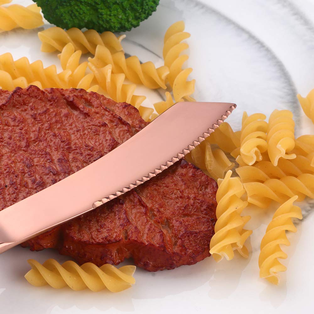 Premium 6-Piece Steak Knife Set - Serrated Stainless Steel Blades, Dishwasher Safe - Elegant Rose Gold Finish by QIBORUN - Perfect for Steak Dinners, BBQ Parties & Fine Dining