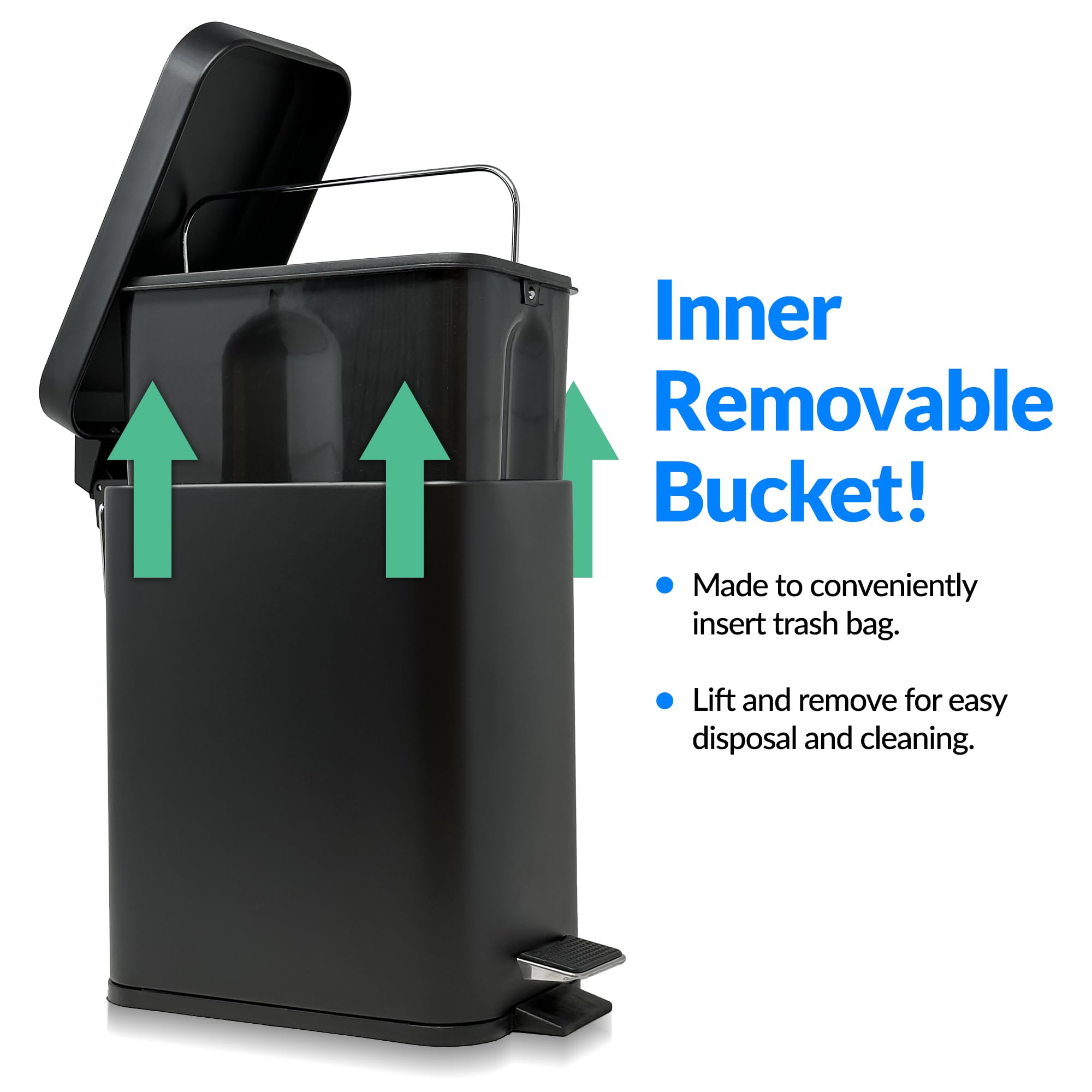 Stainless Steel Small Trash Can with Lid - 1.3 Gallon (5 Liter) Step Pedal Garbage Bin | Matte Black Rectangular Metal Wastebasket for Bathroom & Kitchen | Removable Bucket for Easy Cleaning | Compact Space-Saving Design for Offices, Dorms & Small Rooms