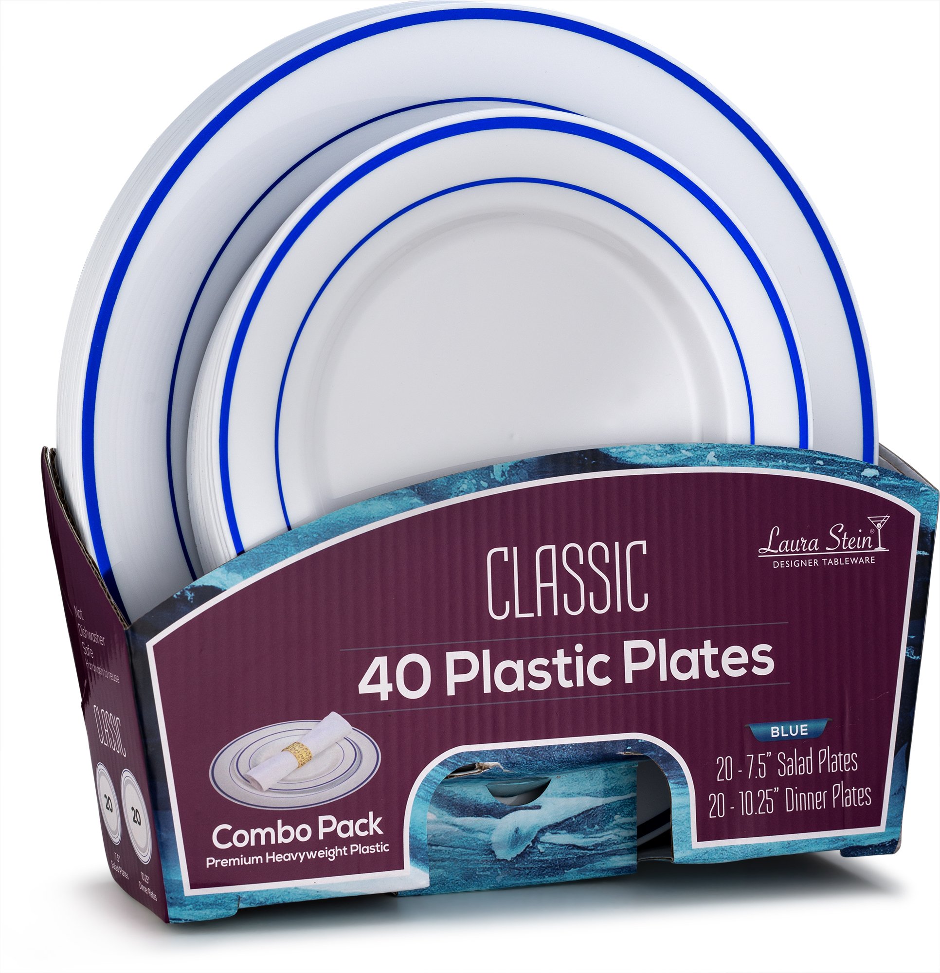 Laura Stein 40-Piece Premium Plastic Dinnerware Set - 20 White & Blue Rim 10.75