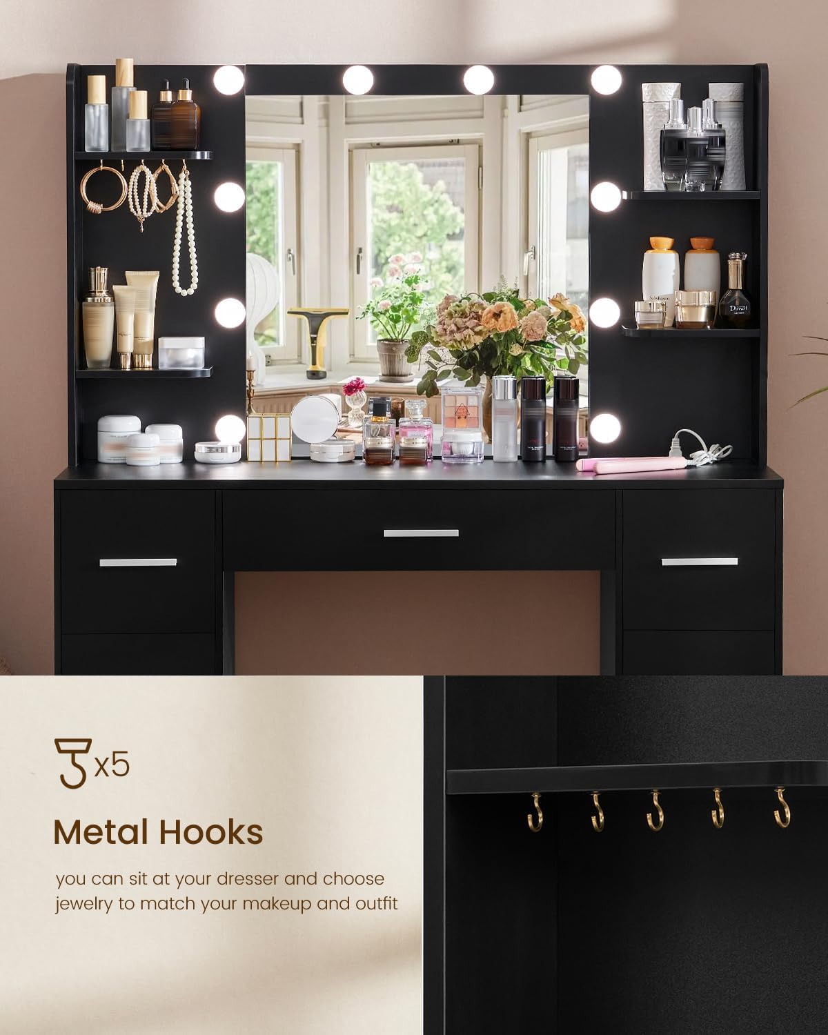 Quimoo Large Vanity Desk with LED Lighted Mirror & Power Outlet - Makeup Vanity Table with 7 Drawers, 4 Shelves & 5 Hooks - Modern Vanity Desk Set for Bedroom or Bathroom (Black) - Perfect for Makeup Organization, Dressing Room & Home Decor