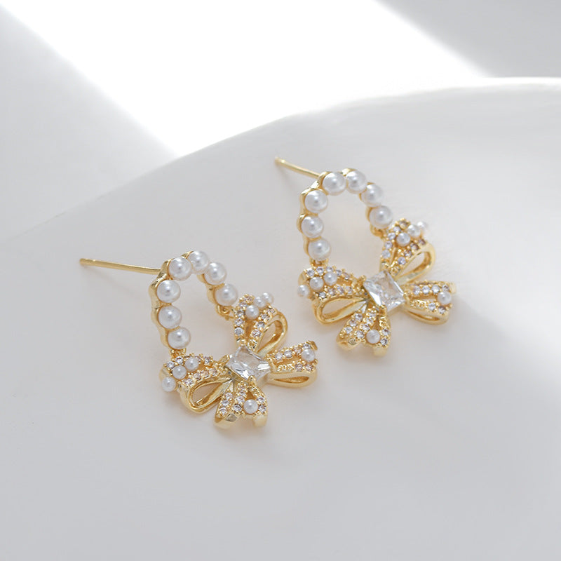Sweet Pearl Bow Ribbon Drop Earrings for Women - Elegant Dangle Jewelry Gift for Brides, Prom, Party & Special Occasions | A7908