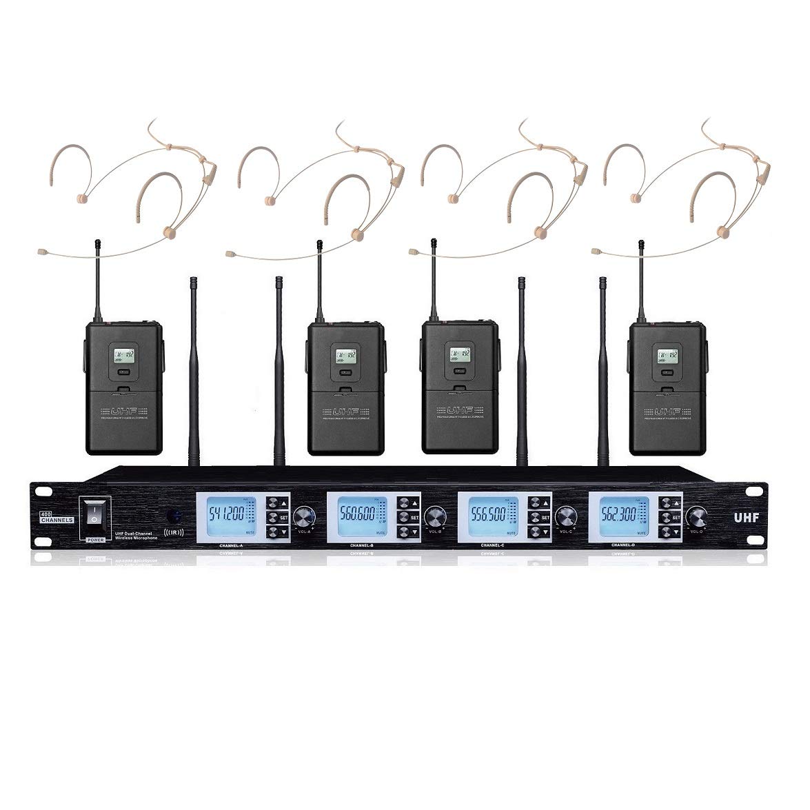 Professional 4-Pack UHF Wireless Headset Microphone System - 100 Channel Headworn Mics for Church, School, Meetings & Public Speaking | Ideal for Pastors, Teachers & Presenters