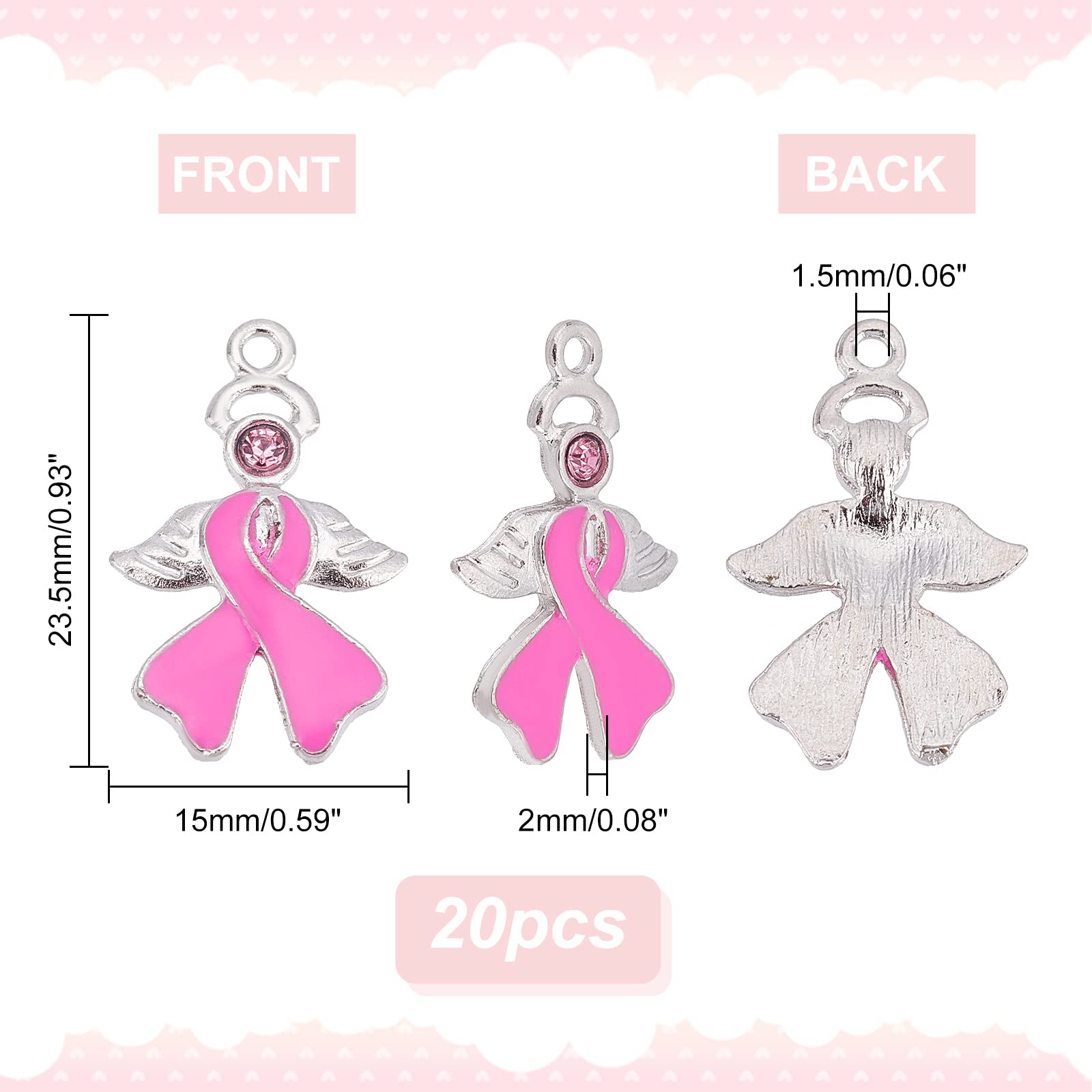 20PCS Pink Ribbon Charms with Angel Wings - Breast Cancer Awareness Jewelry Supplies for Necklace, Bracelet, Lapel Pin Making - Perfect for Fundraising Events, Support Gifts & Craft Projects