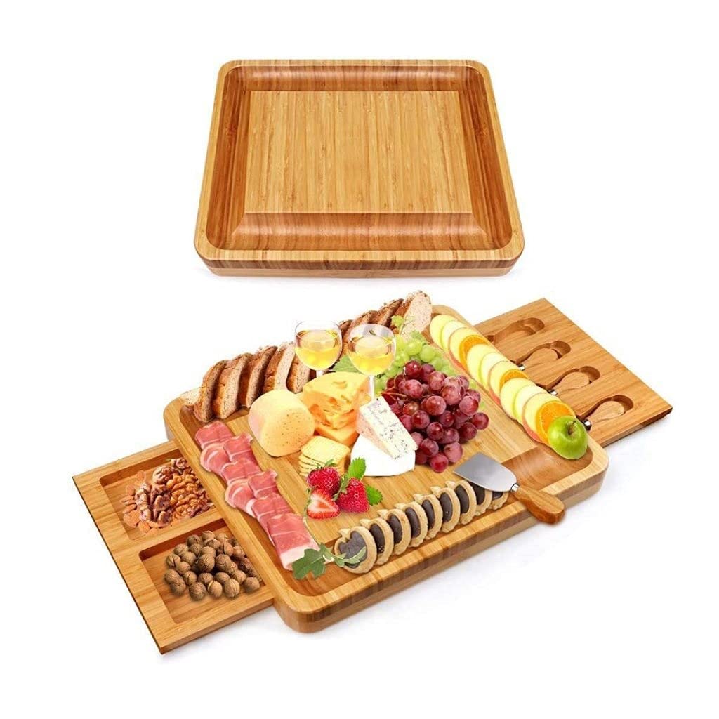 Premium Bamboo Charcuterie Board Set with 4 Stainless Steel Knives - Natural Cheese Serving Platter, Cutting Board & Cheese Tools for Entertaining, Parties & Gifts