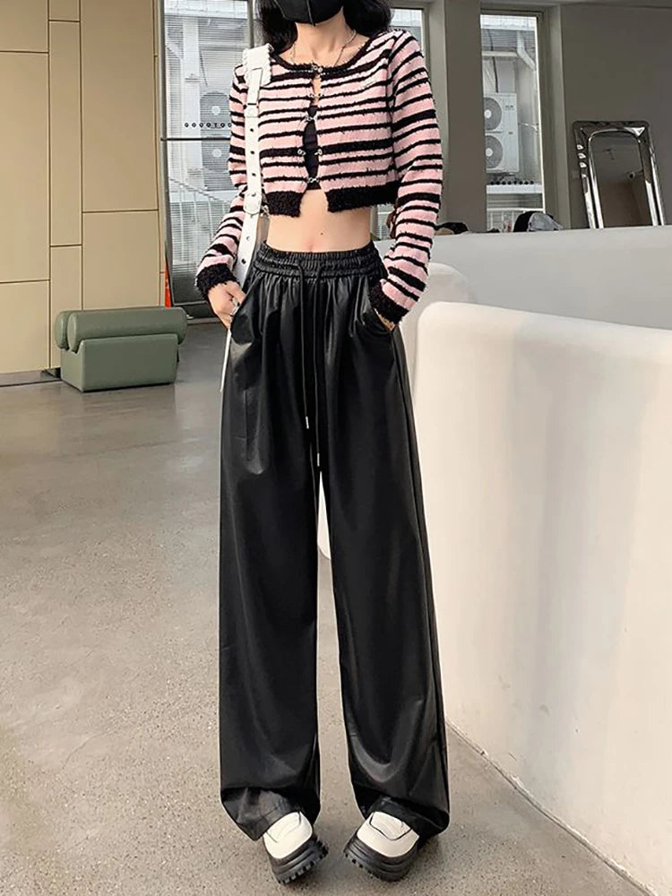 Women's Faux Leather PU Wide Leg High Waist Pants - Elastic Waistband with Lace Up Detail, Straight Leg Full Length Trousers for Autumn Winter Fashion | Perfect for Office Wear, Casual Outfits and Night Out