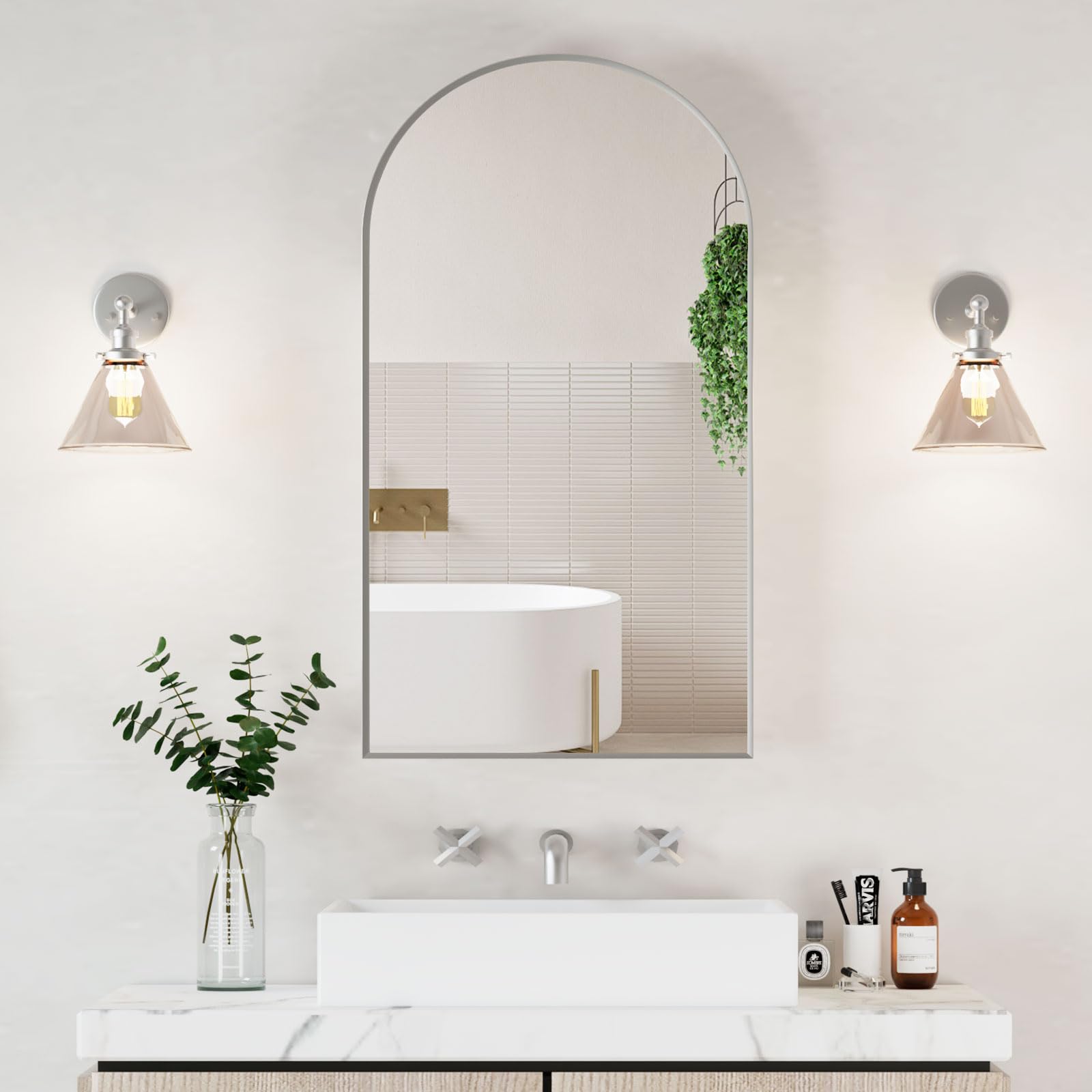 Arched Medicine Cabinet with Mirror - Brushed Nickel Bathroom Storage Cabinet, Wall Mounted 20x36 Inch - Perfect for Small Bathrooms & Vanity Areas
