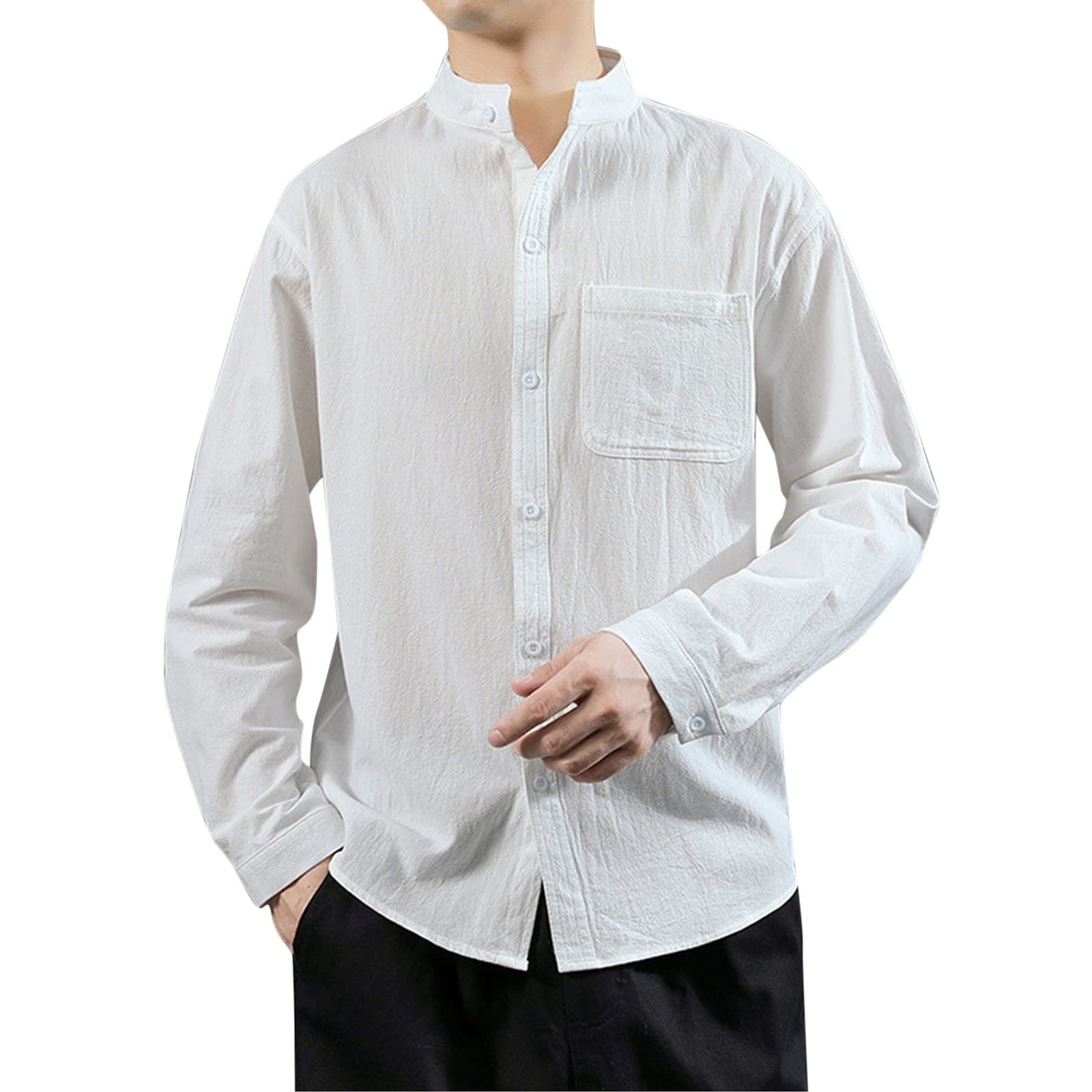 Men's Slim Fit Long Sleeve Dress Shirt - Solid Color Formal Business Casual Shirt with Pocket & Stand Collar | Perfect for Office, Wedding & Professional Occasions