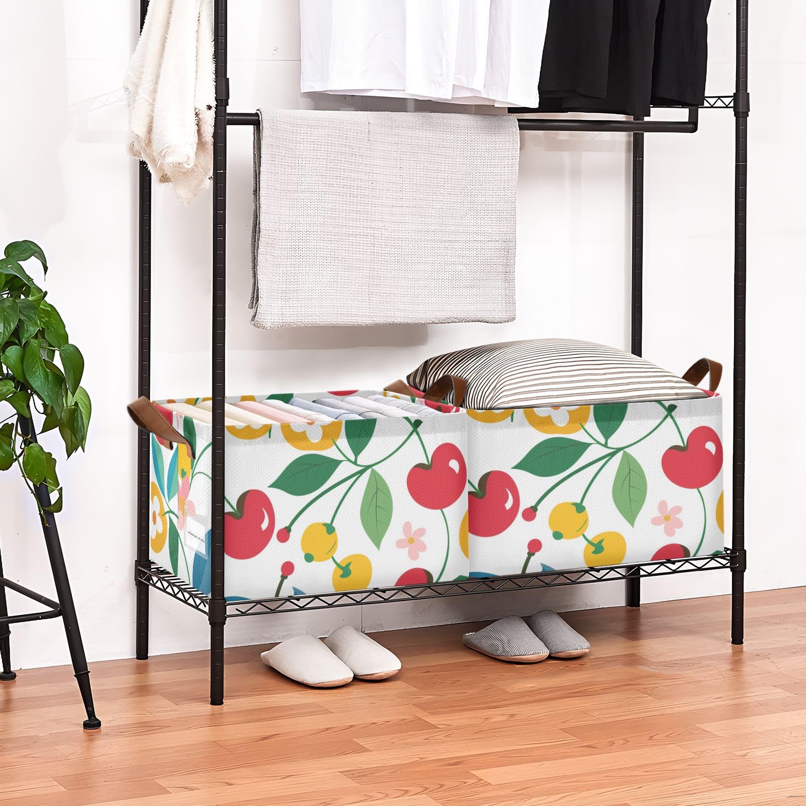 Cartoon Cherry Print Collapsible Fabric Storage Baskets - Large Decorative Closet Organizer Bins with Handles (2-Pack) - Perfect for Bedroom, Nursery & Bathroom Organization