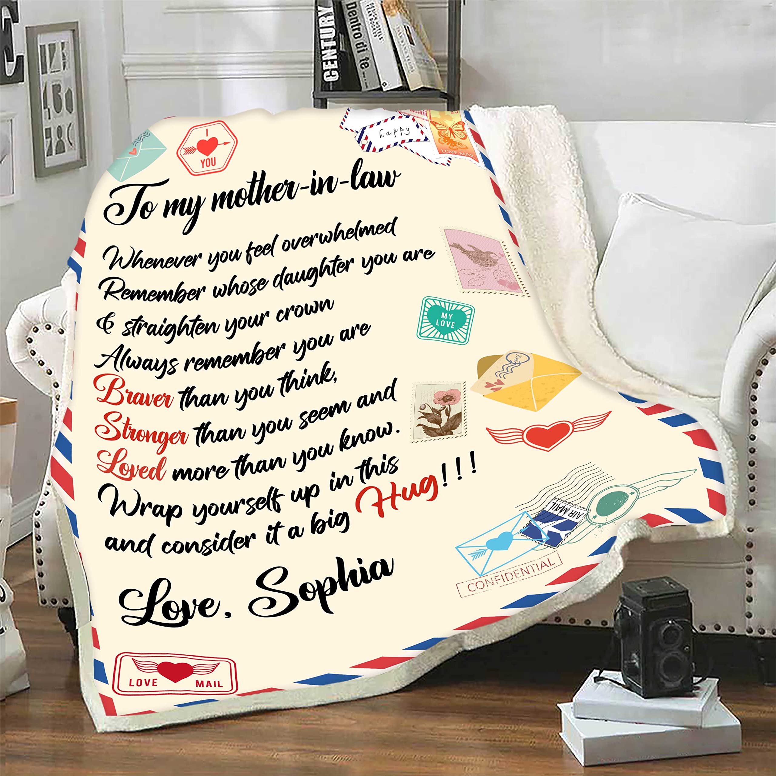 Personalized Mother-in-Law Air Mail Letter Blanket - Custom Name Throw Blanket Gift for Mom from Daughter/Son-in-Law - Made in USA - Perfect for Mother's Day, Birthday & Cozy Family Moments