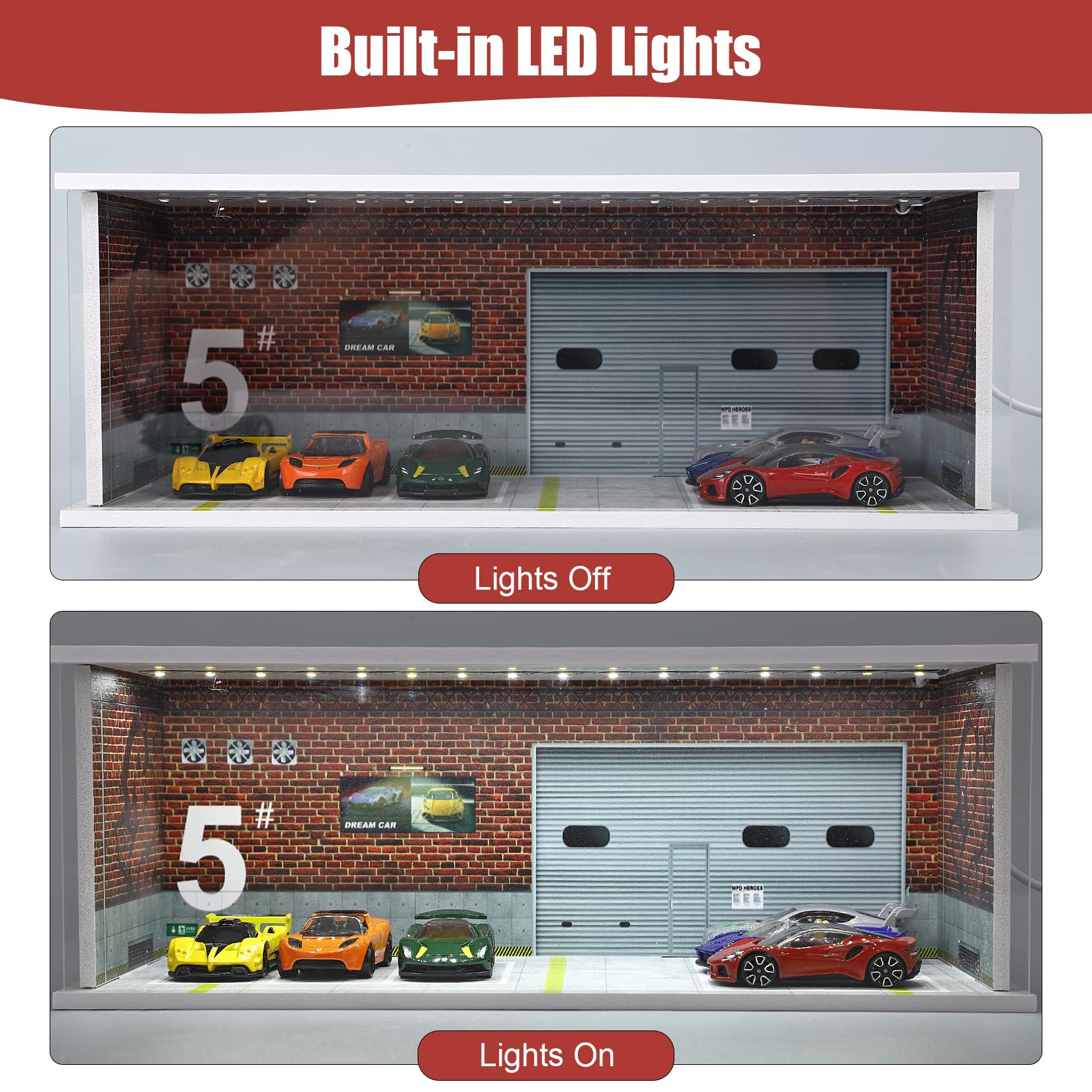 Hot Wheels Display Case - Stackable Parking Garage for 1/64 Scale Matchbox & Toy Cars with LED Lights & Acrylic Cover | Foamboard Storage for Monster Trucks | Perfect for Collectors, Showrooms & Home Decor