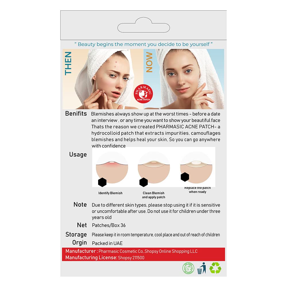 PHARMASIC Acne Care Pimple Patch (36 Count) - Hydrocolloid Spot Treatment for Face & Body, Ultra-Thin Invisible Patches for Teens & Adults - Fragrance-Free, 2 Sizes - Perfect for Day/Night Use & On-the-Go Acne Relief