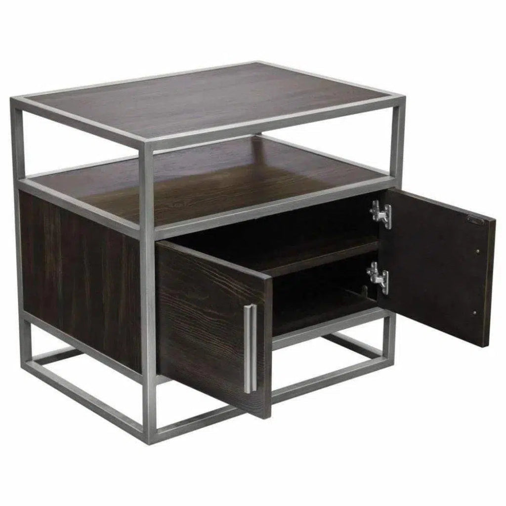 Dark Brown 2-Door End Table with Silver Metal Frame - Perfect for Living Room, Bedroom, or Office Side Table