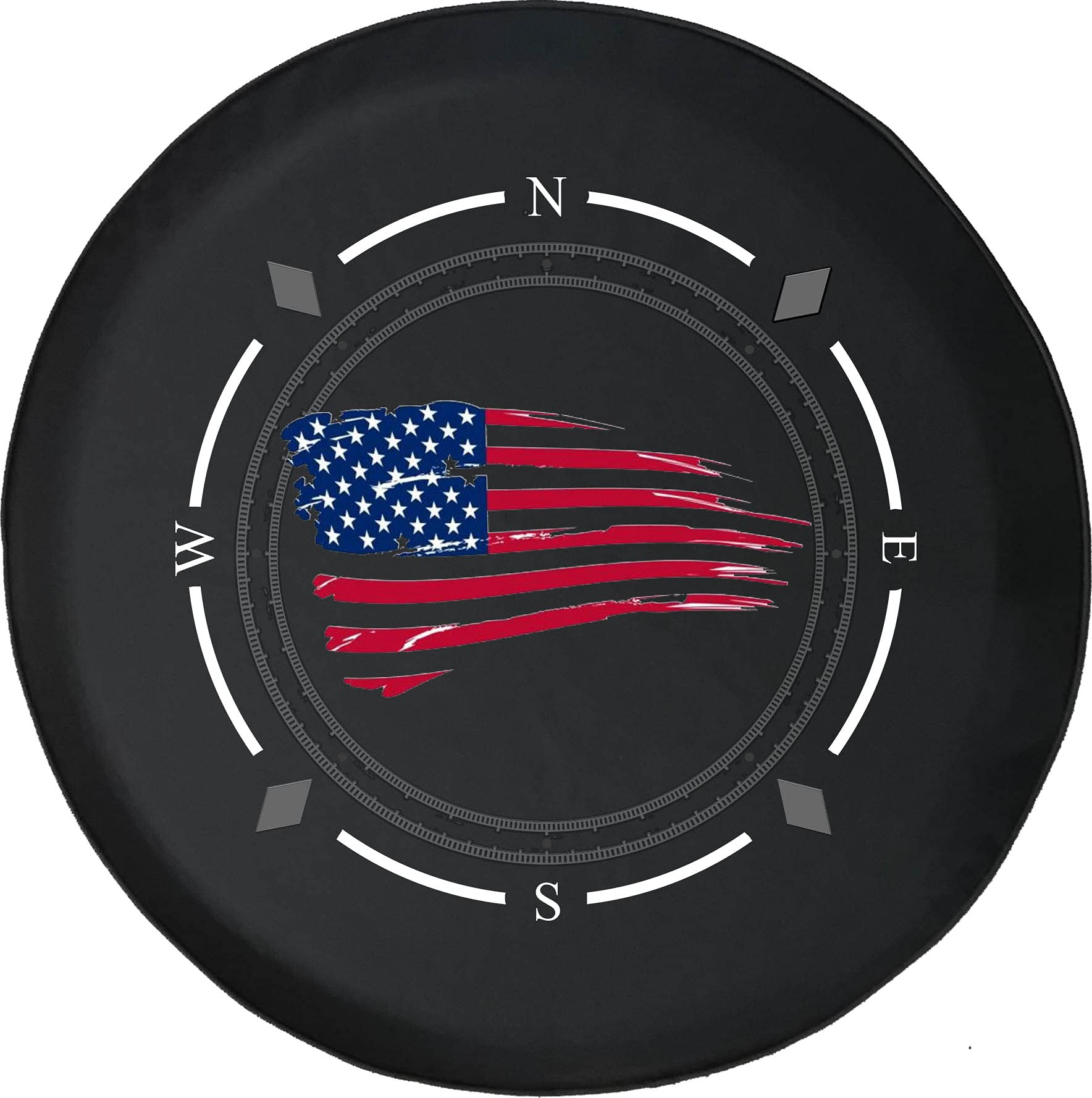 Spare Tire Cover with Compass & Tattered American Flag Design - Universal Fit for SUVs, Trailers, RVs & Most Vehicles | Durable Wheel Protector for Off-Road Adventures & Patriotic Style