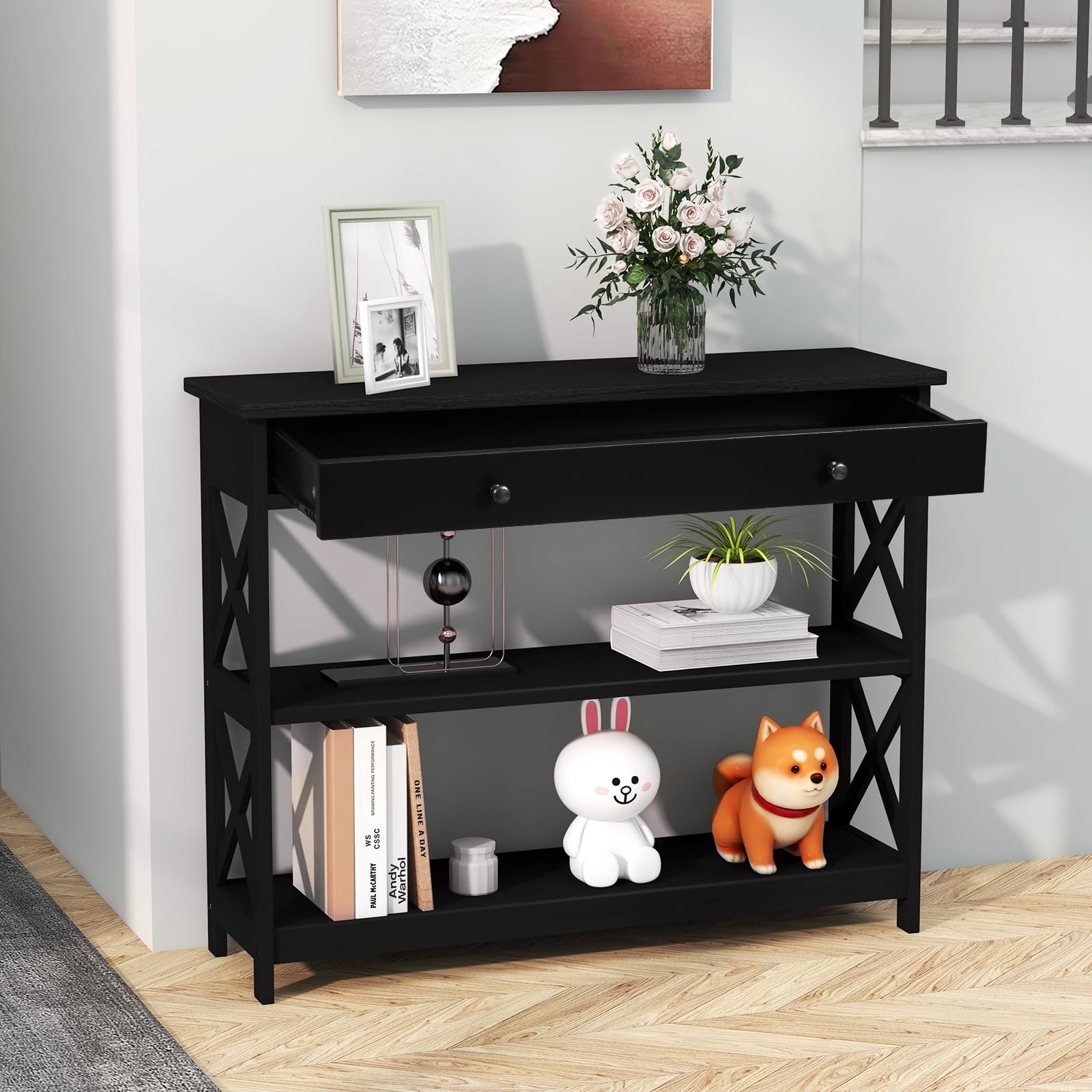 GOFLAME 3-Tier Sofa Table with Large Drawer & Open Shelves - Modern Narrow Wooden Console Table for Entryway, Living Room & Hallway - Perfect for Small Space Organization & Home Decor (Black)