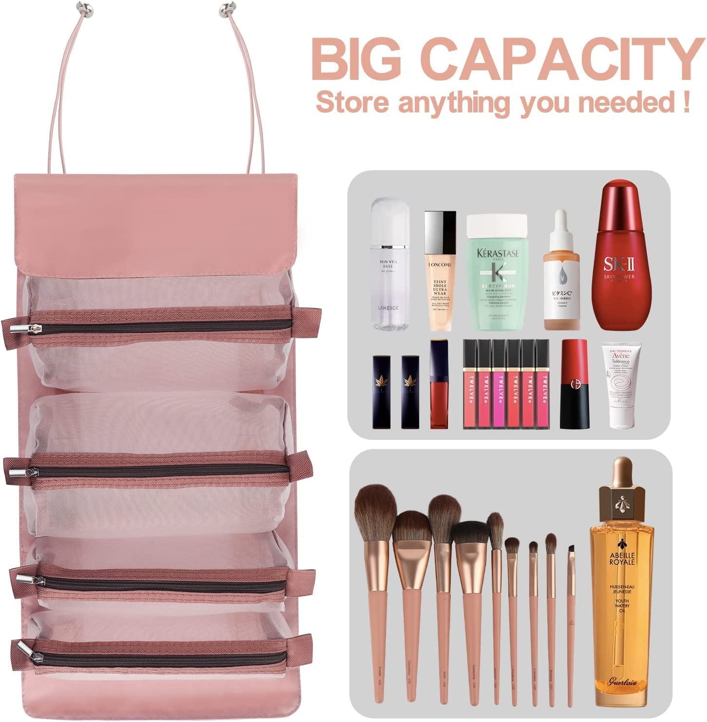 Paczo Roll Up Foldable Cosmetic Makeup Toiletry Storage Organizer Bag with Removable Mesh Pouch - Rose Gold | Travel Essential for Makeup Brushes, Skincare & Bathroom Organization