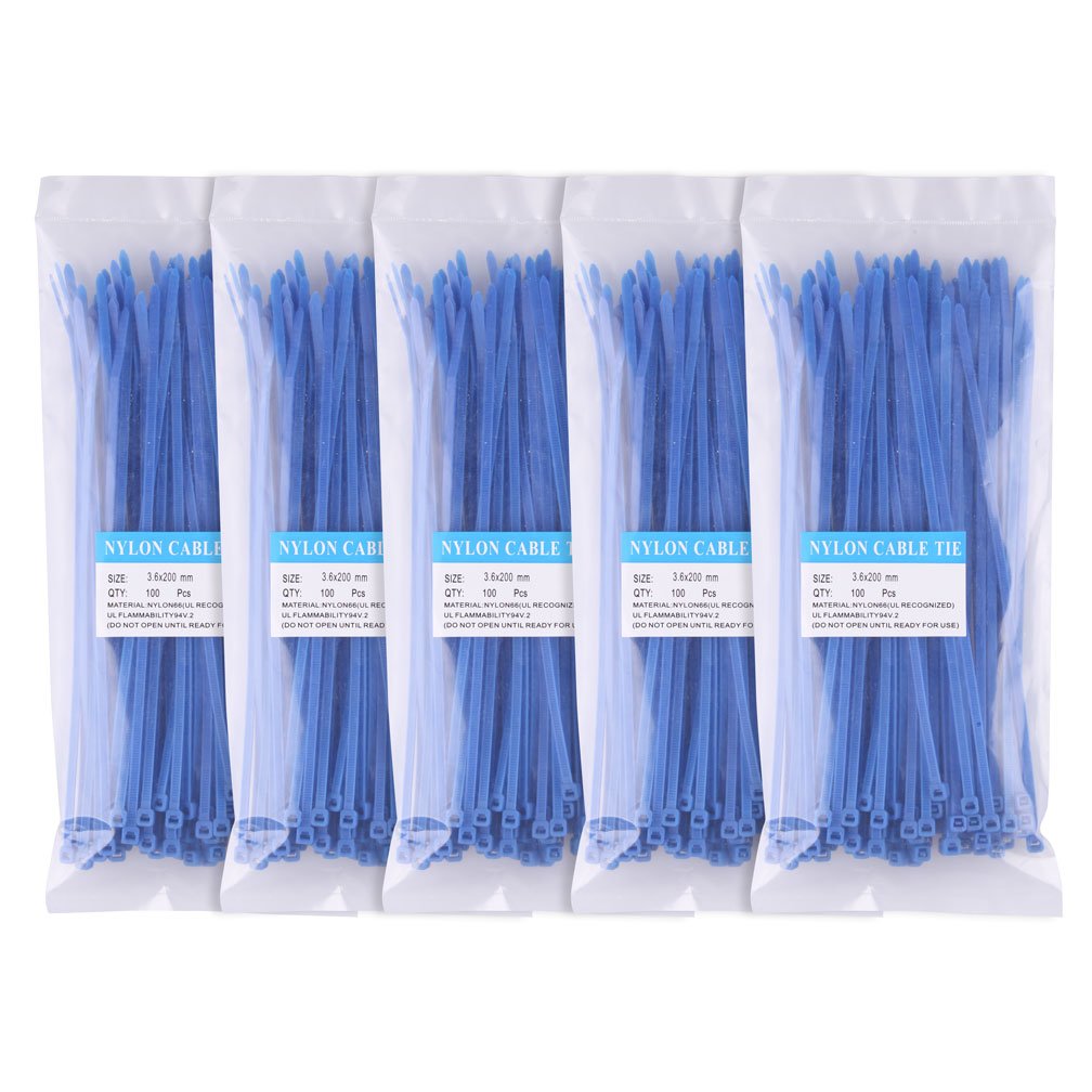 10Gtek 500-Pack 8-Inch Blue Nylon Self-Locking Cable Ties - Heavy Duty Zip Ties for Wire Management, Organizing Cables, Home Office & Industrial Use