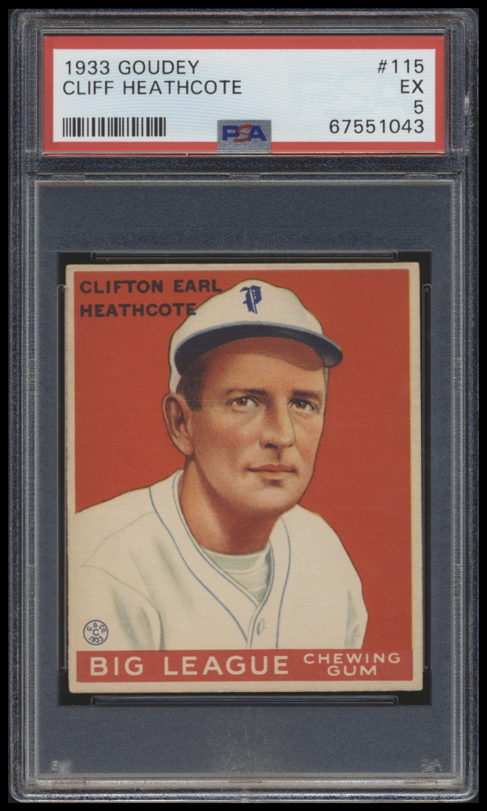 1933 Goudey #115 Cliff Heathcote Baseball Card PSA 5 EX - Vintage Sports Collectible for Display & Investment